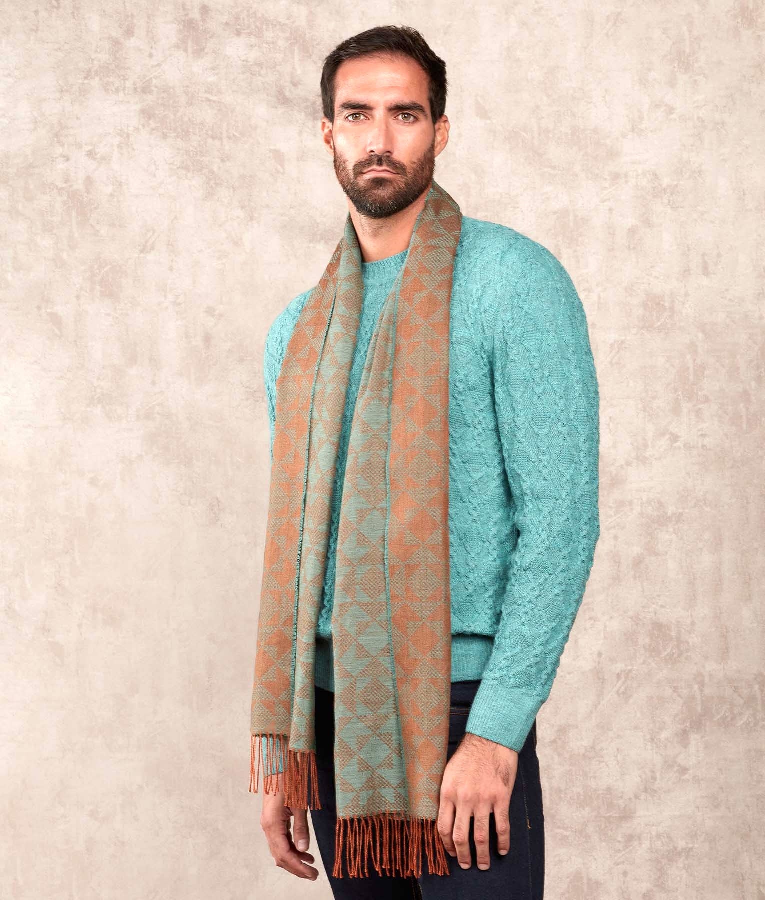 Bicolour Mosaic Pattern Jacquard - Scarf - Teal and Copper - Unisex