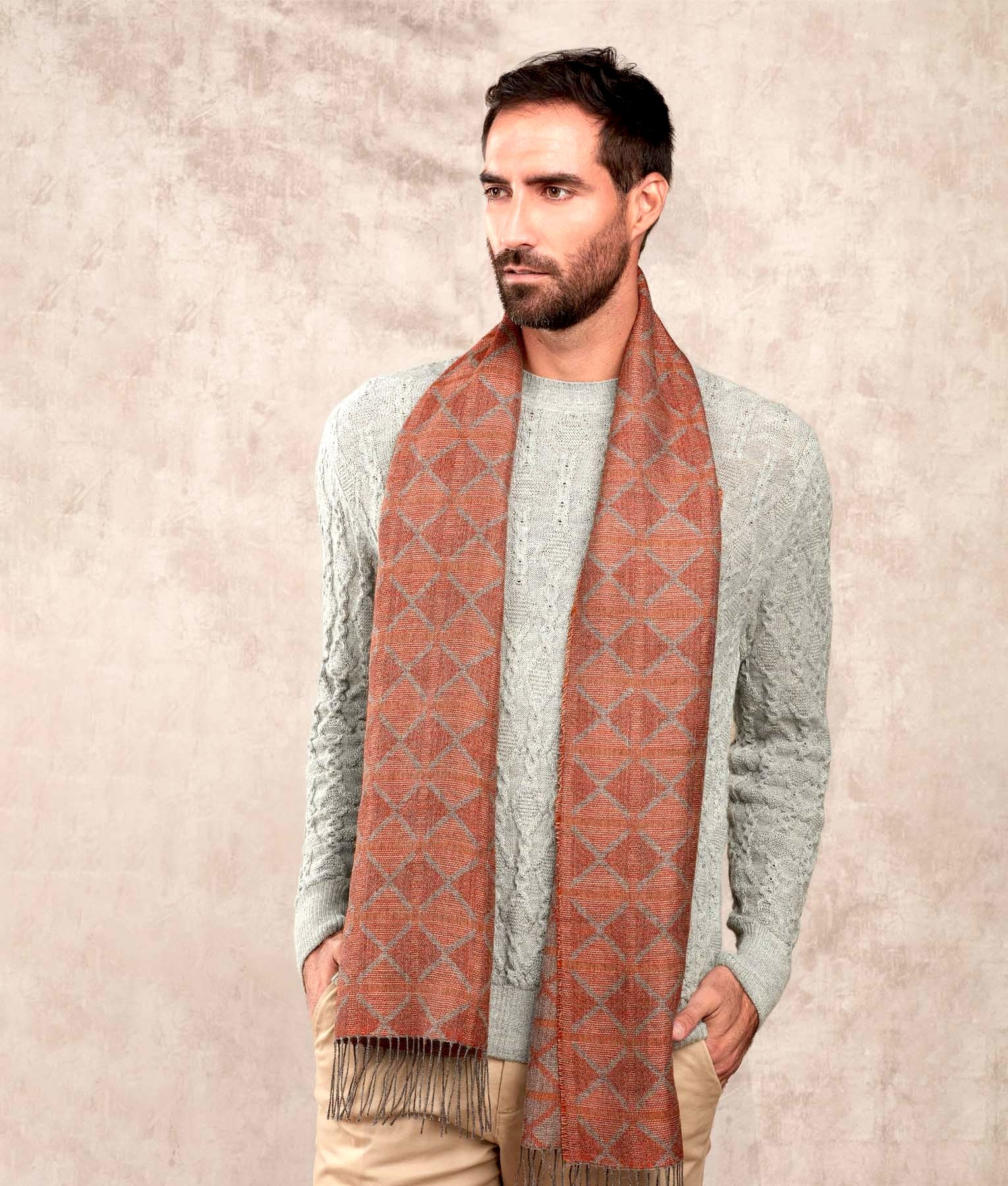 Cross Out Jacquard - Scarf - Brick and Grey - Unisex
