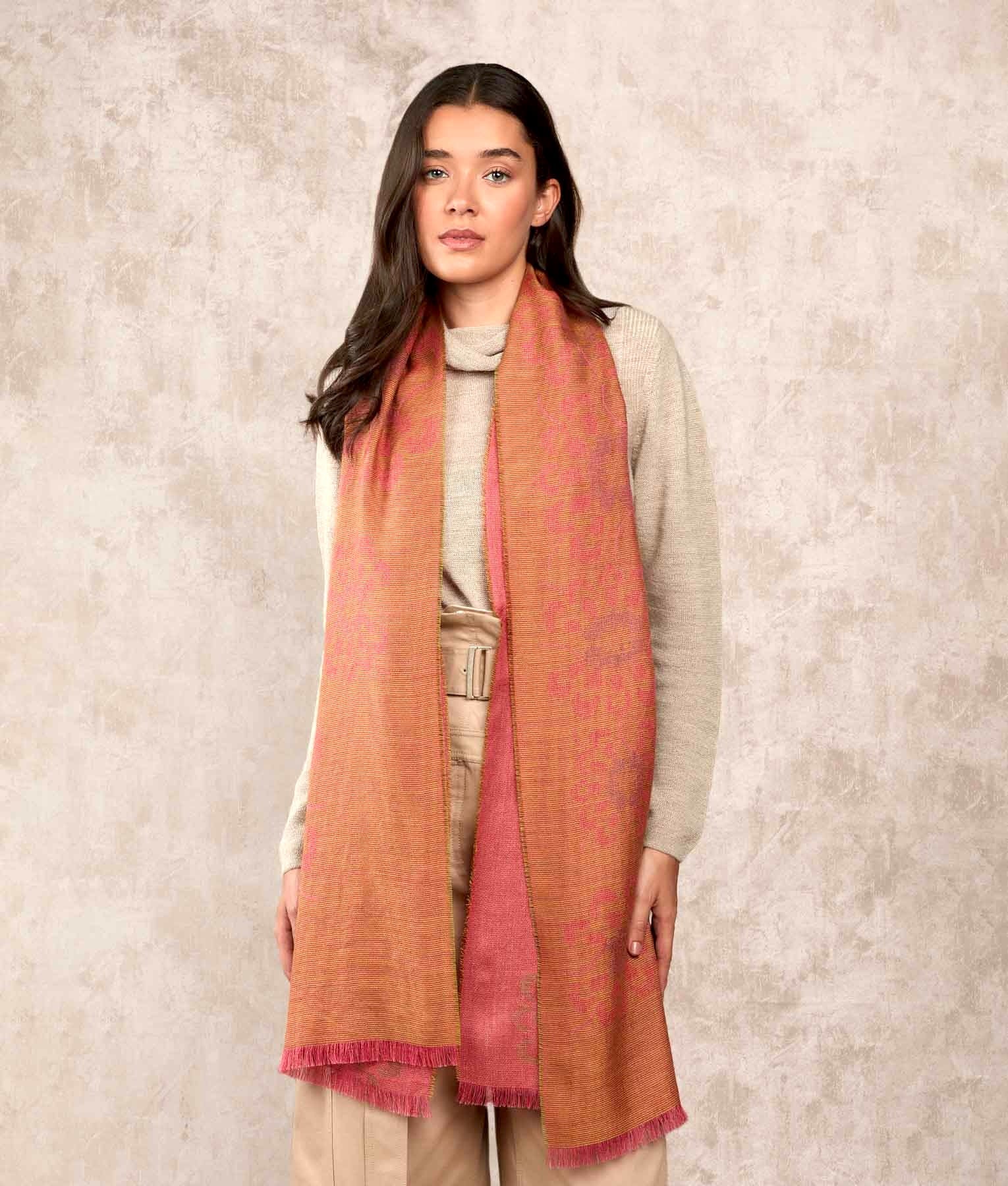 Las Flores Jacquard - Scarf - Coral and Gold - Unisex