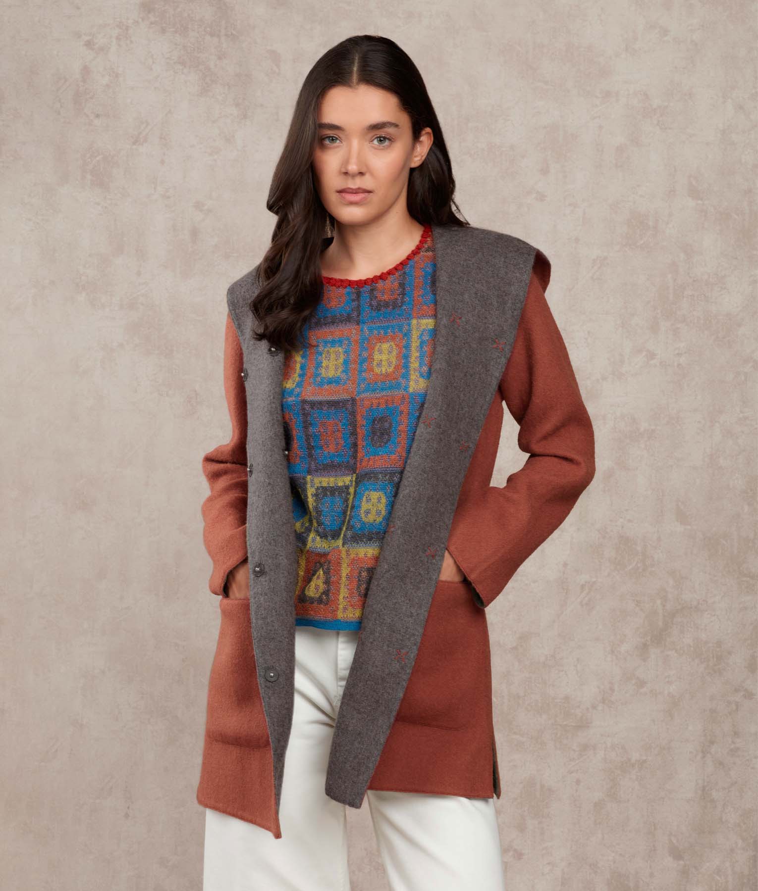 Reversible Hooded Coat - Brick & Grey - Women's