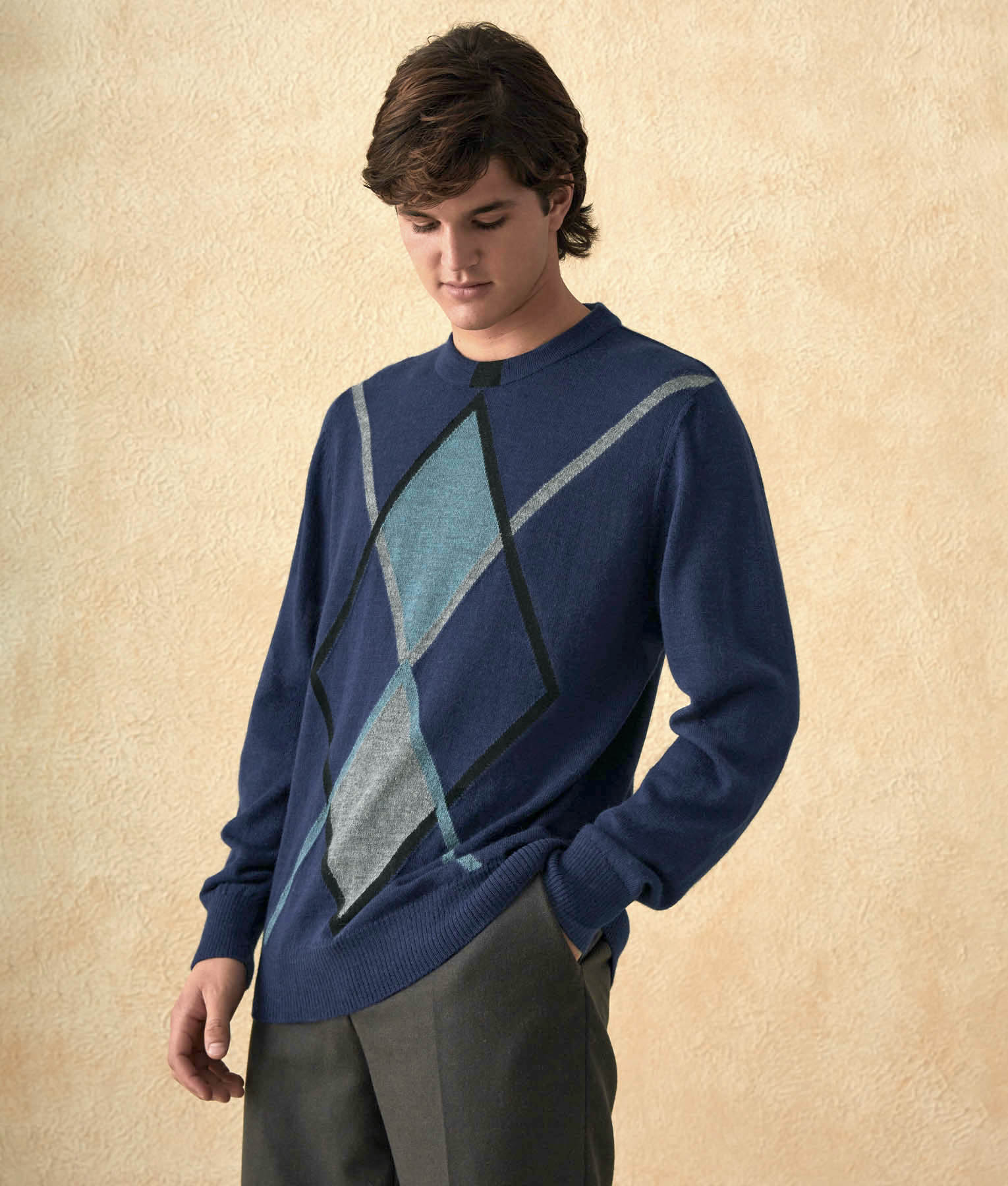 Argyle Intarsia Mock Neck - Jumper - Blue - Men's