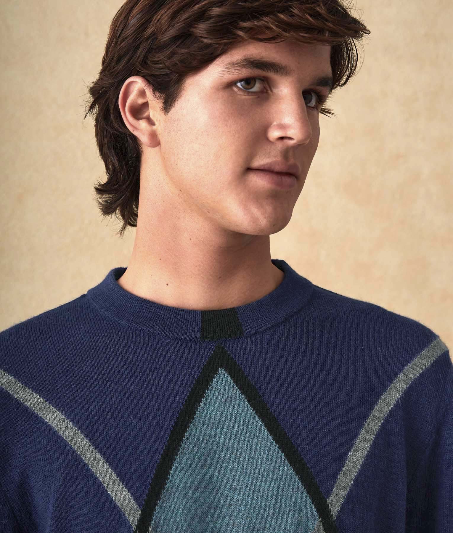 Argyle Intarsia Mock Neck - Jumper - Blue - Men's