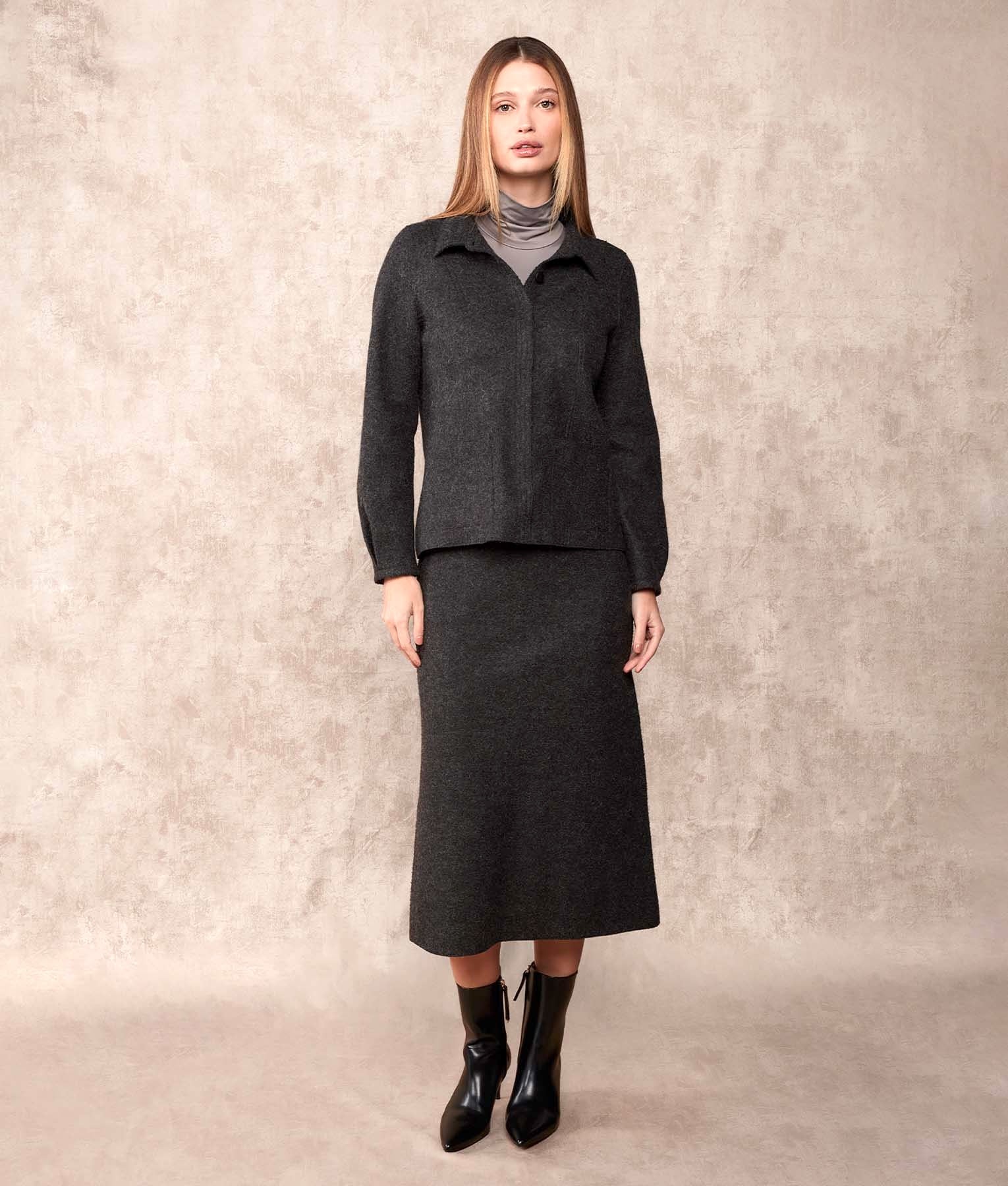 Shirt Boiled Wool Cardigan With Pockets - Charcoal - Women's