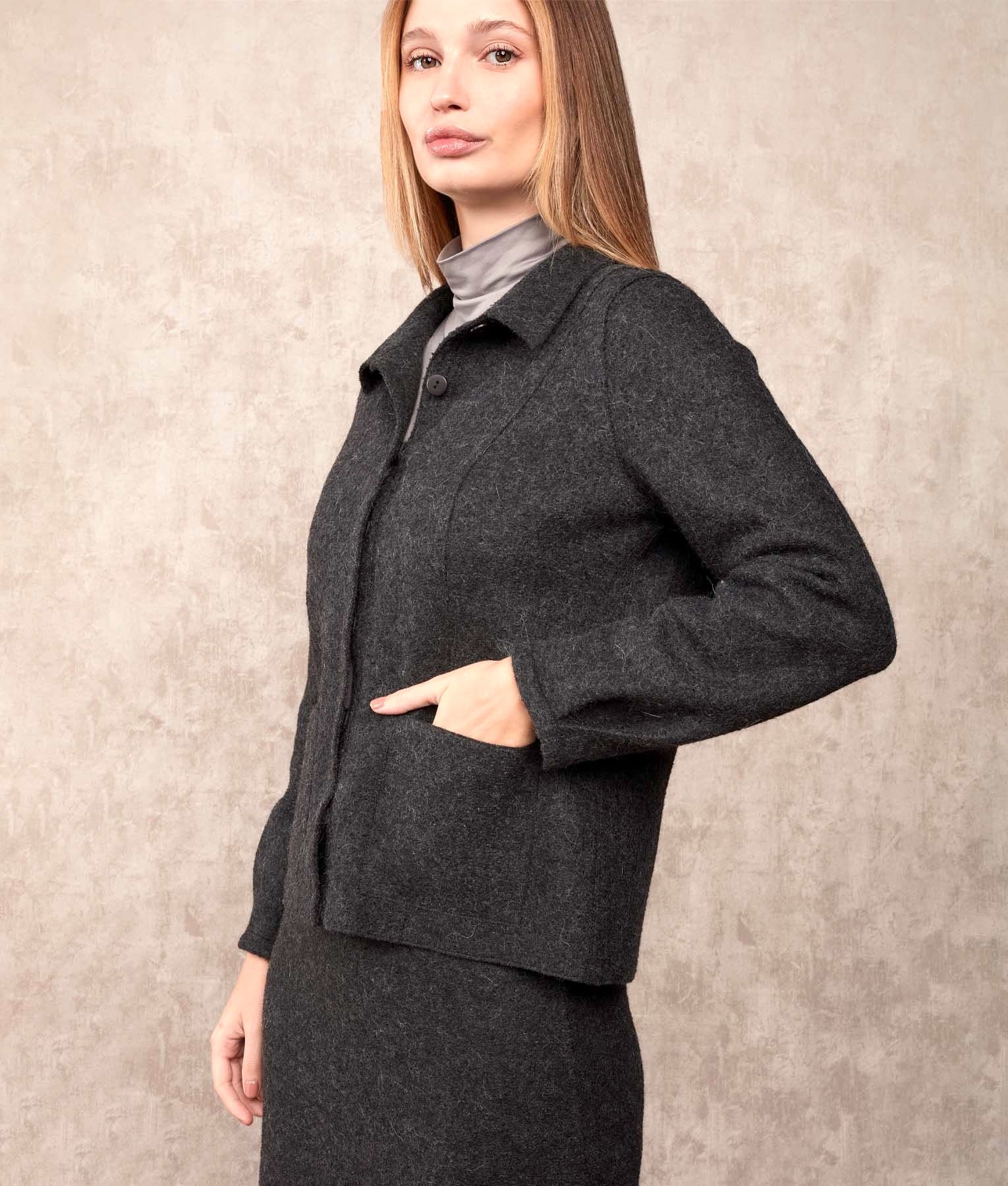 Shirt Boiled Wool Cardigan With Pockets - Charcoal - Women's