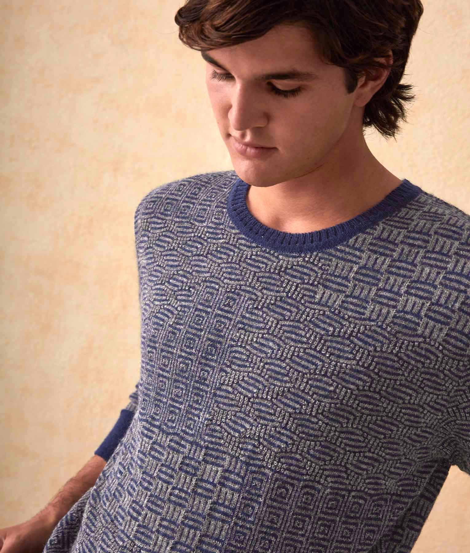 New Patch Transfer Crew Neck - Jumper -Blue and Grey - Men's
