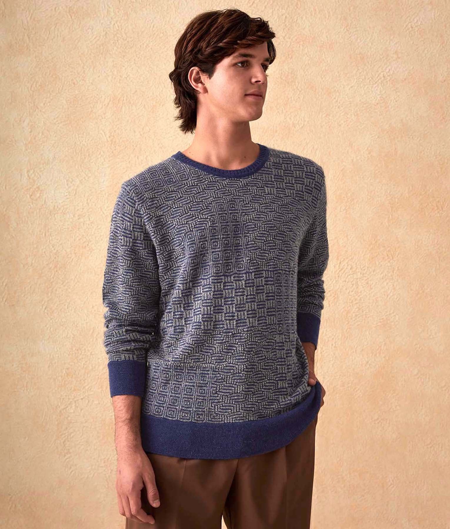 New Patch Transfer Crew Neck - Jumper -Blue and Grey - Men's