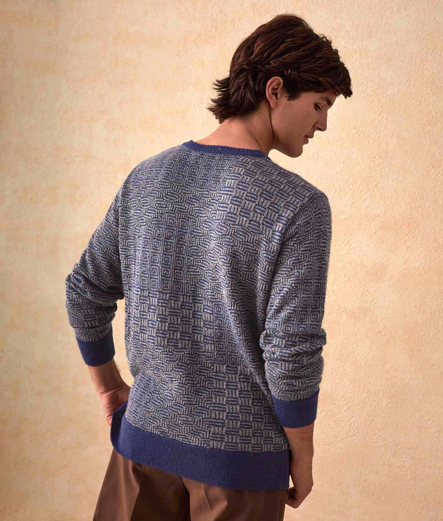 New Patch Transfer Crew Neck - Jumper -Blue and Grey - Men's