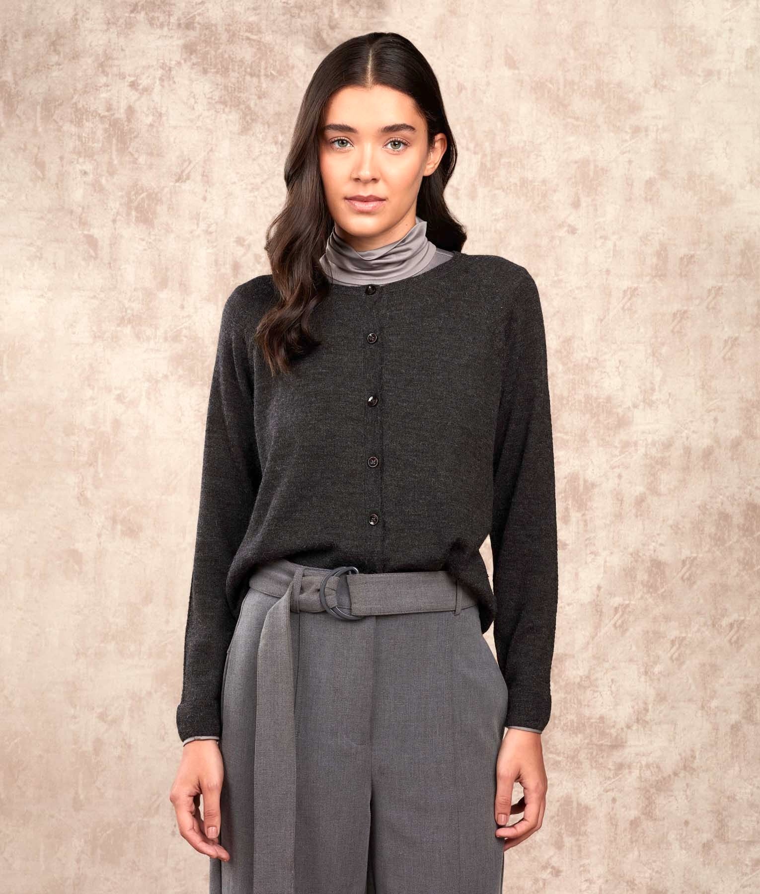 Basic Raglan Sleeves Cardigan - Charcoal - Women's