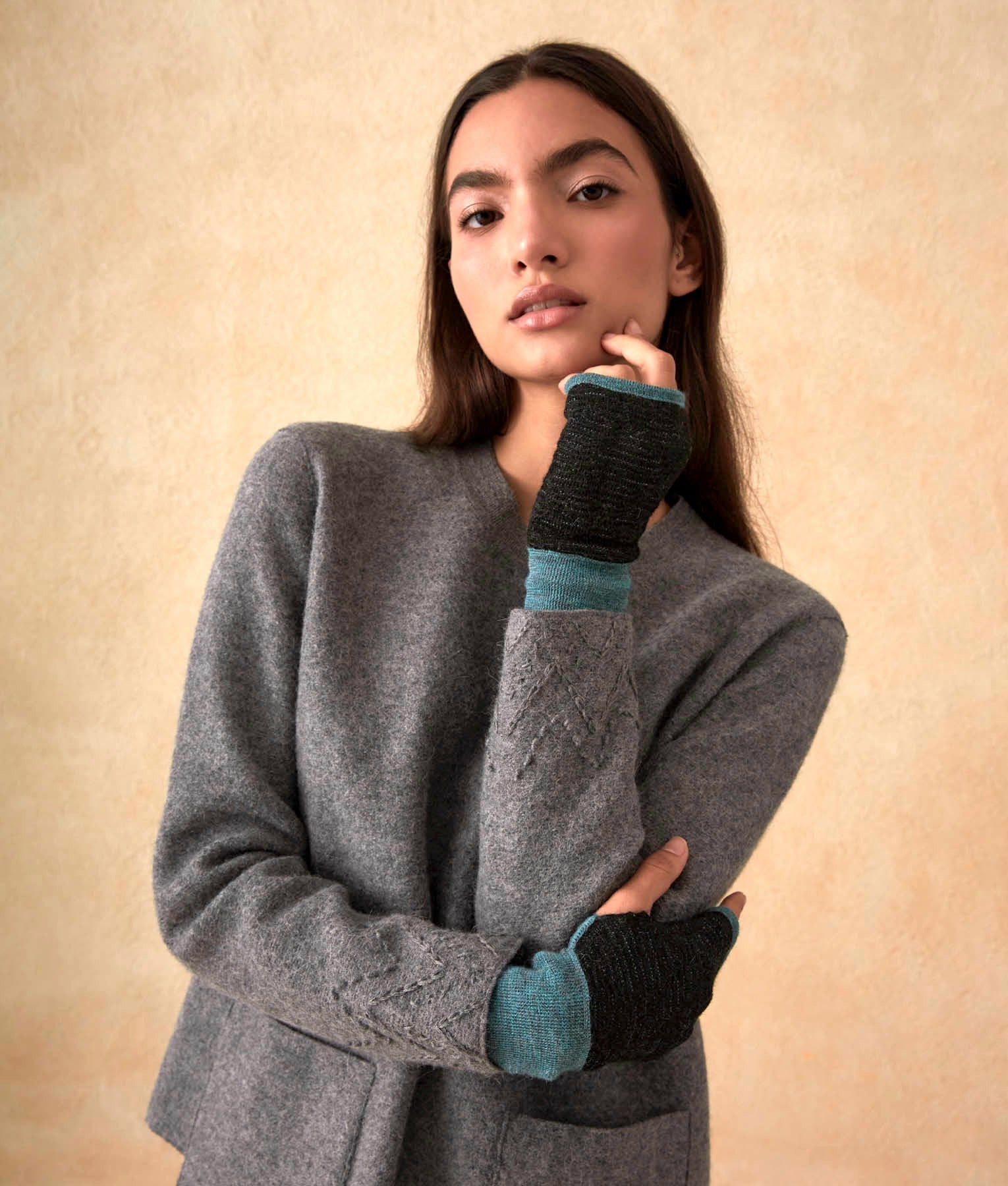 Reversible Tuck Stitch Fingerless Gloves - Teal and Black - Women's
