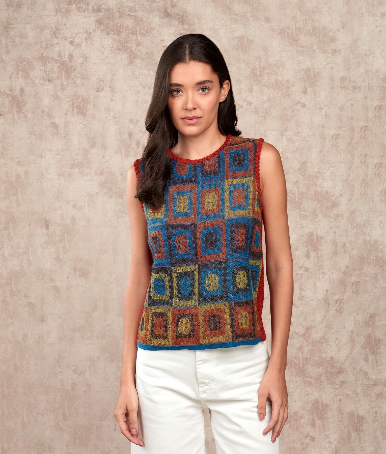 Dreams Of Crochet O Neck Vest - Multicoloured Blue & Red - Women's