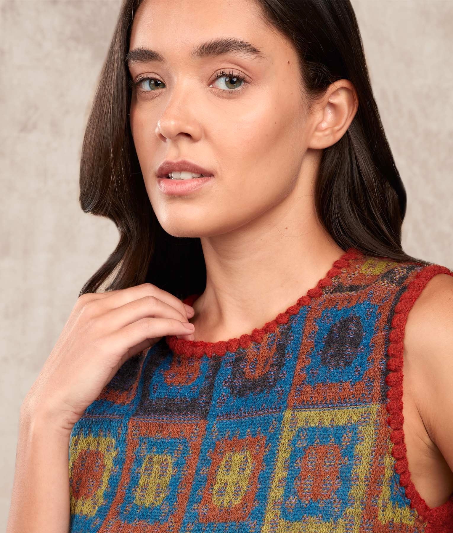 Dreams Of Crochet O Neck Vest - Multicoloured Blue & Red - Women's