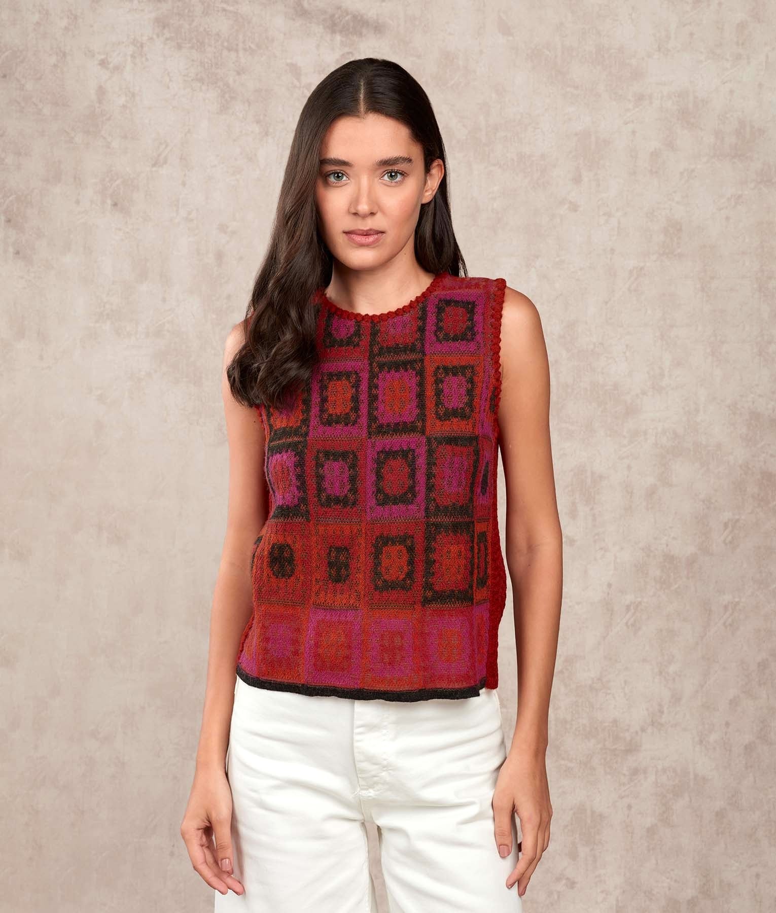 Dreams Of Crochet O Neck Vest - Multicoloured Red - Women's