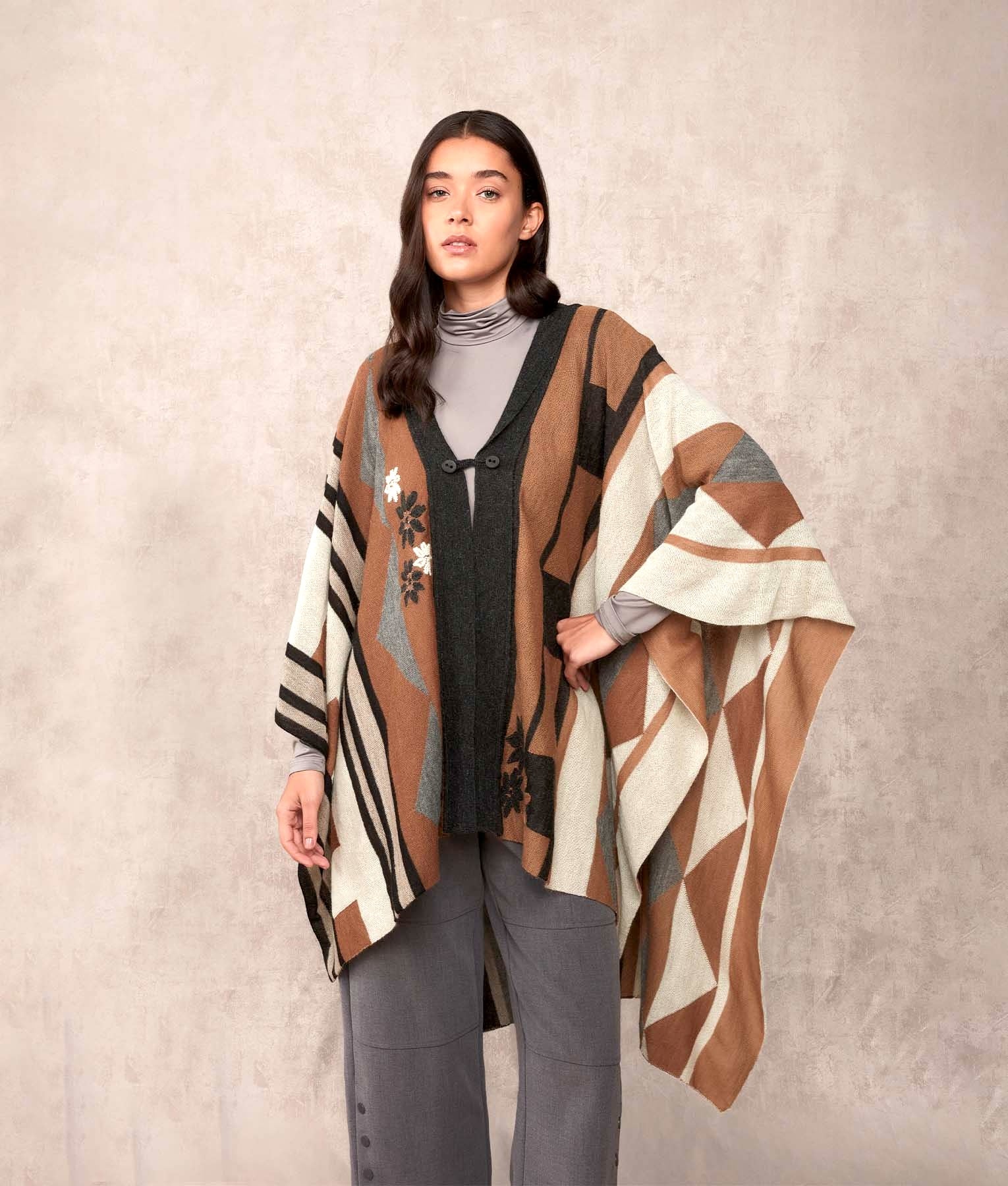 Beyond A Cape With Embroidery Poncho - Multicoloured Camel - Women's