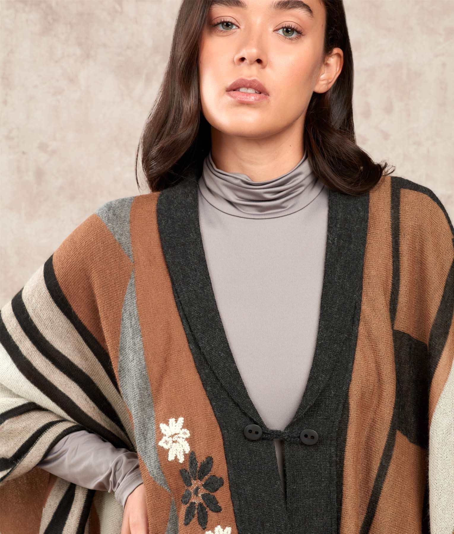 Beyond A Cape With Embroidery Poncho - Multicoloured Camel - Women's