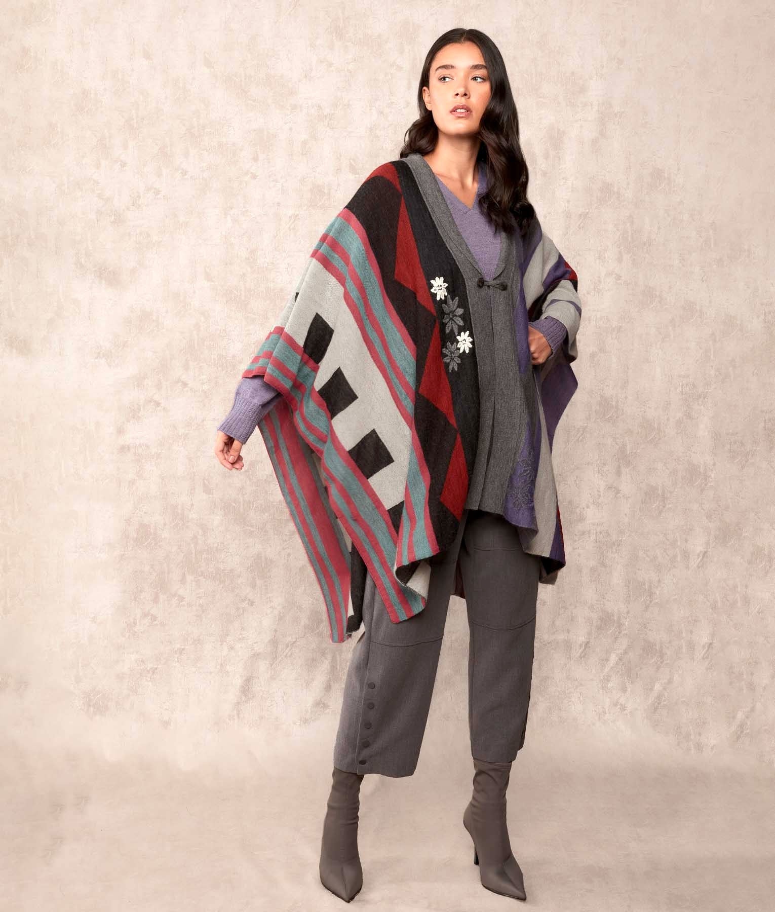 Beyond A Cape With Embroidery Poncho - Multicoloured Grey - Women's
