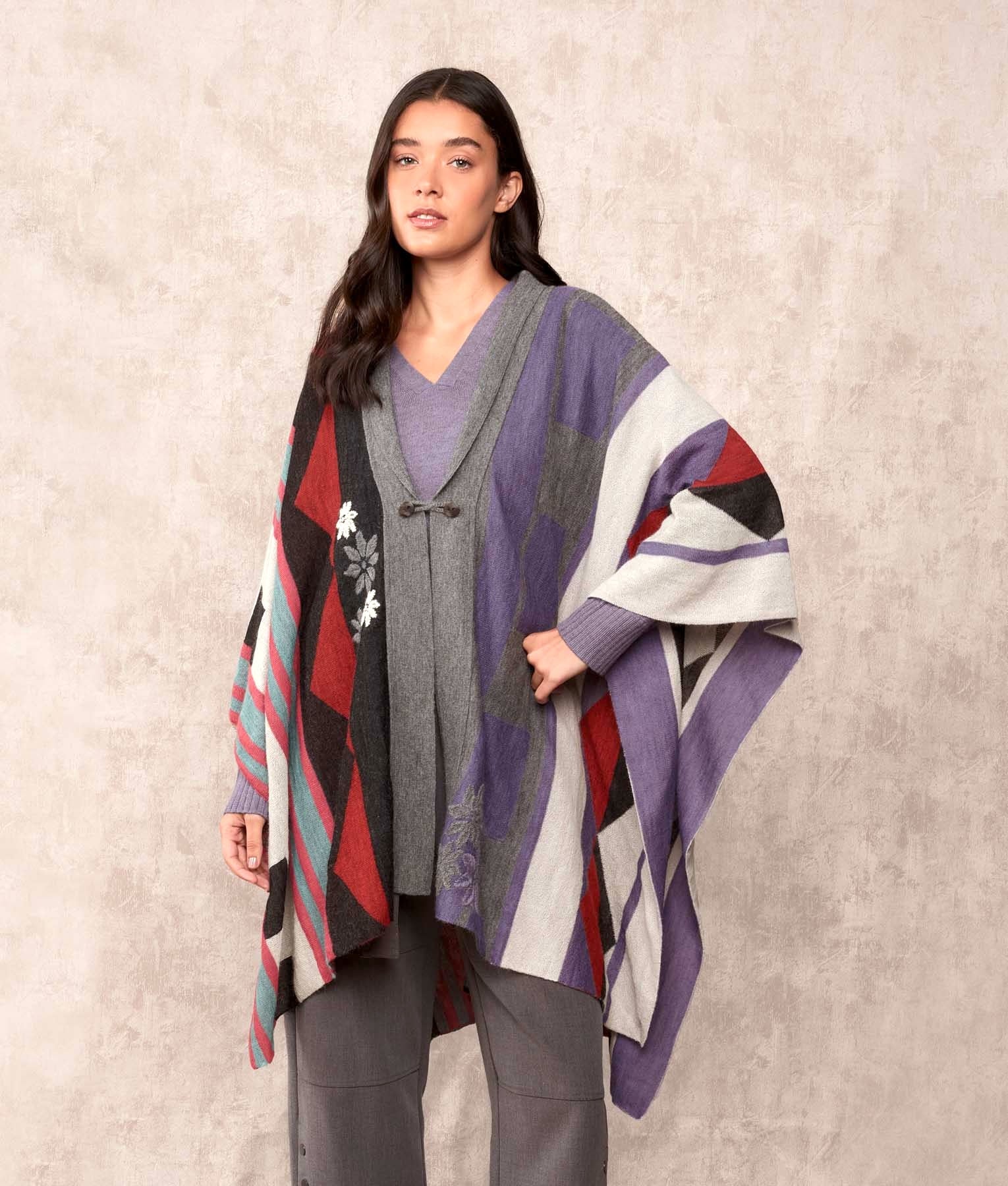 Beyond A Cape With Embroidery Poncho - Multicoloured Grey - Women's