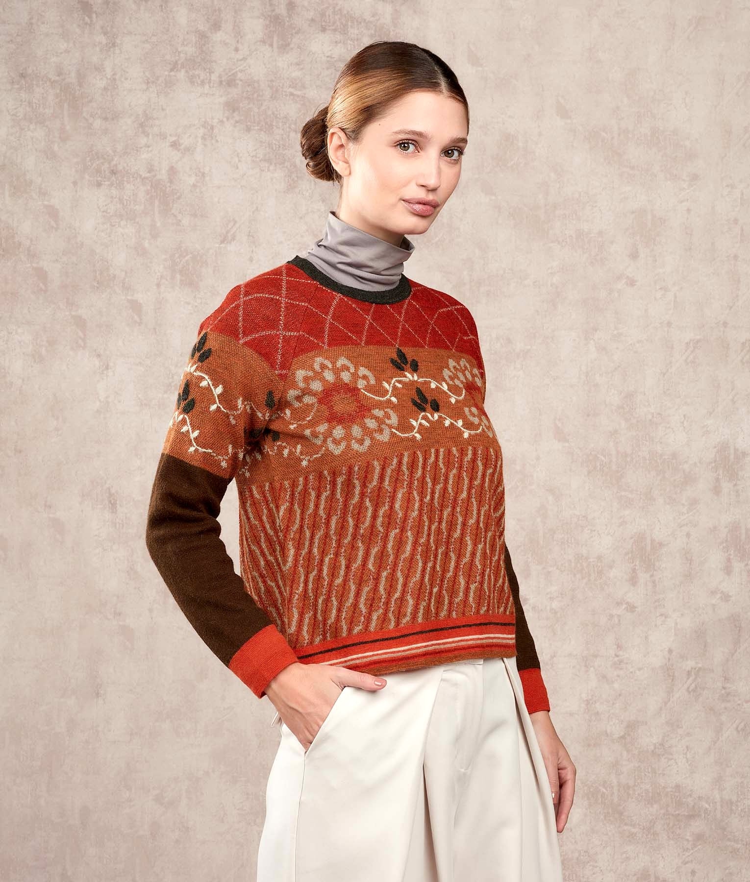 Los Flores Crew Neck Alpaca Jumper - Multicoloured Orange - Women's