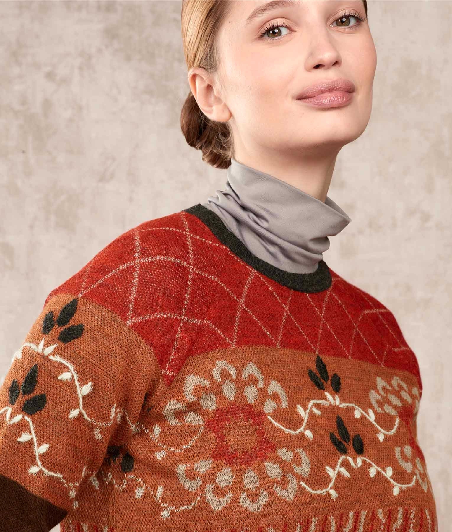 Los Flores Crew Neck Alpaca Jumper - Multicoloured Orange - Women's