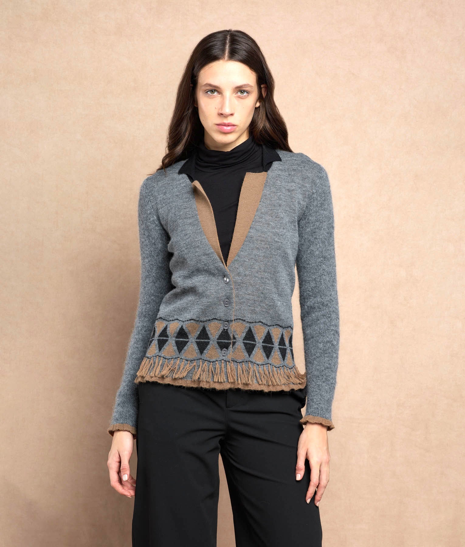 Biz Cardigan With Ruffles Details - Grey