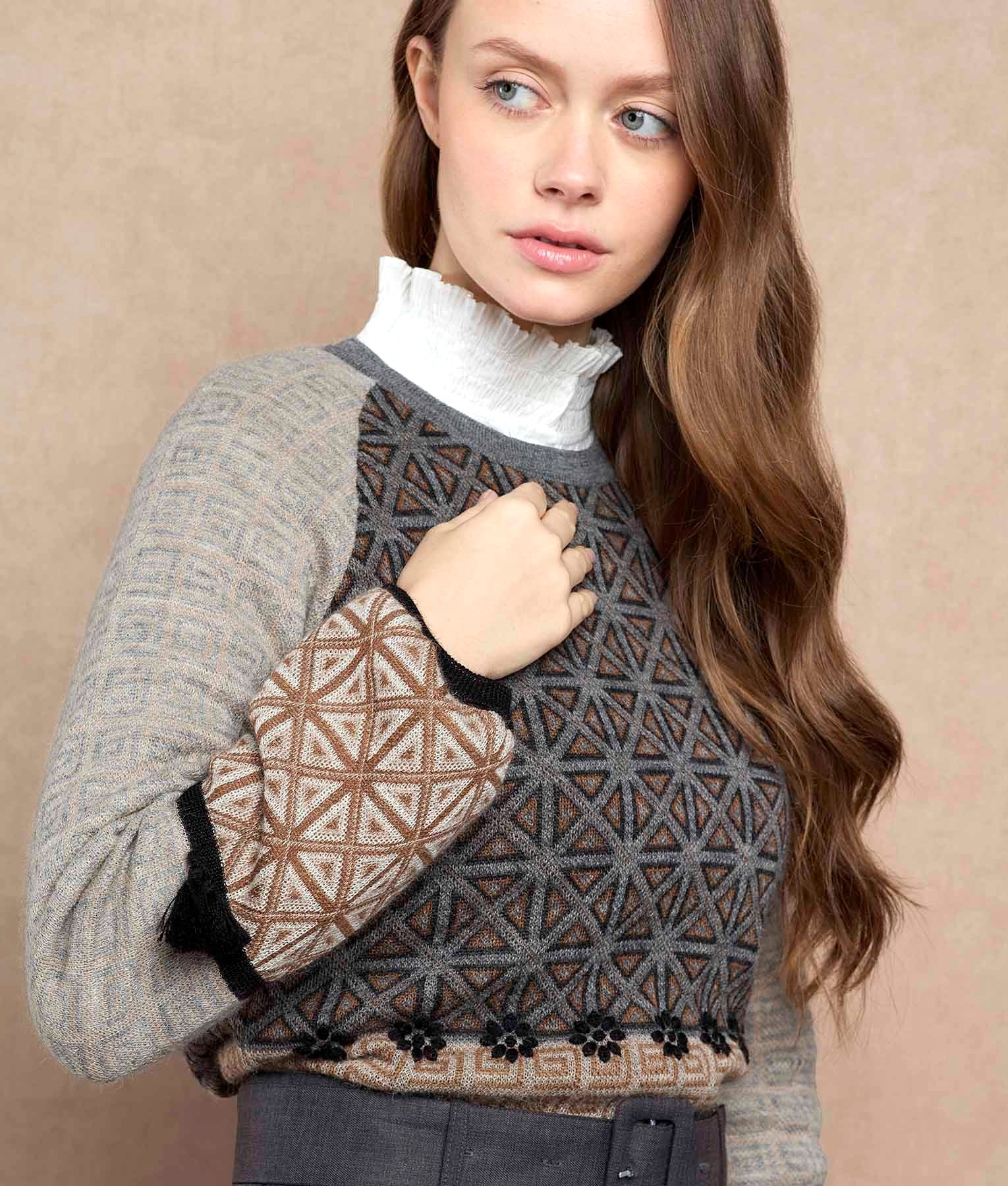 Multi Colour Jacquard Puff Sleeve Jumper C001