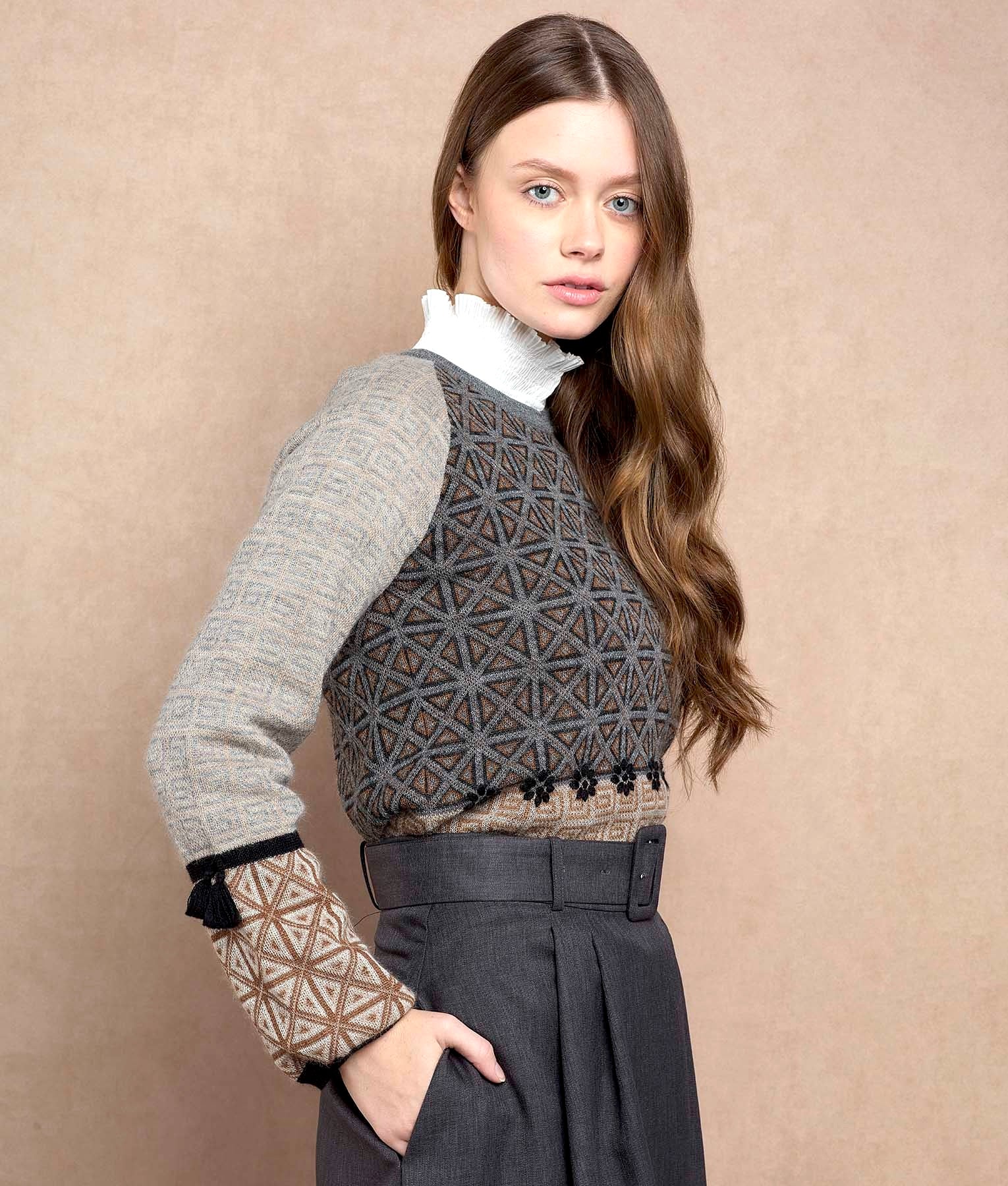 Multi Colour Jacquard Puff Sleeve Jumper C001