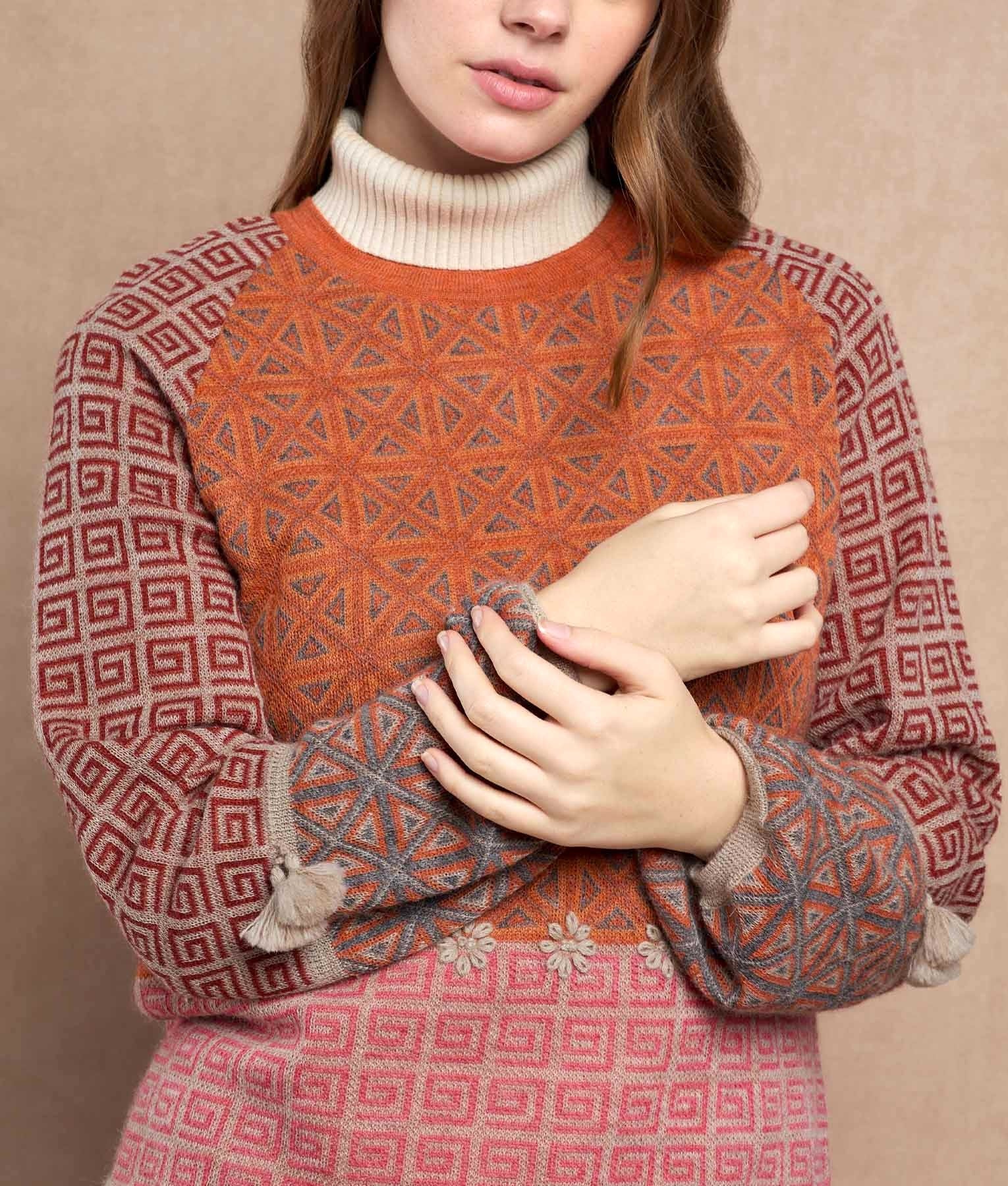 Multi Colour Jacquard Puff Sleeve Jumper C004