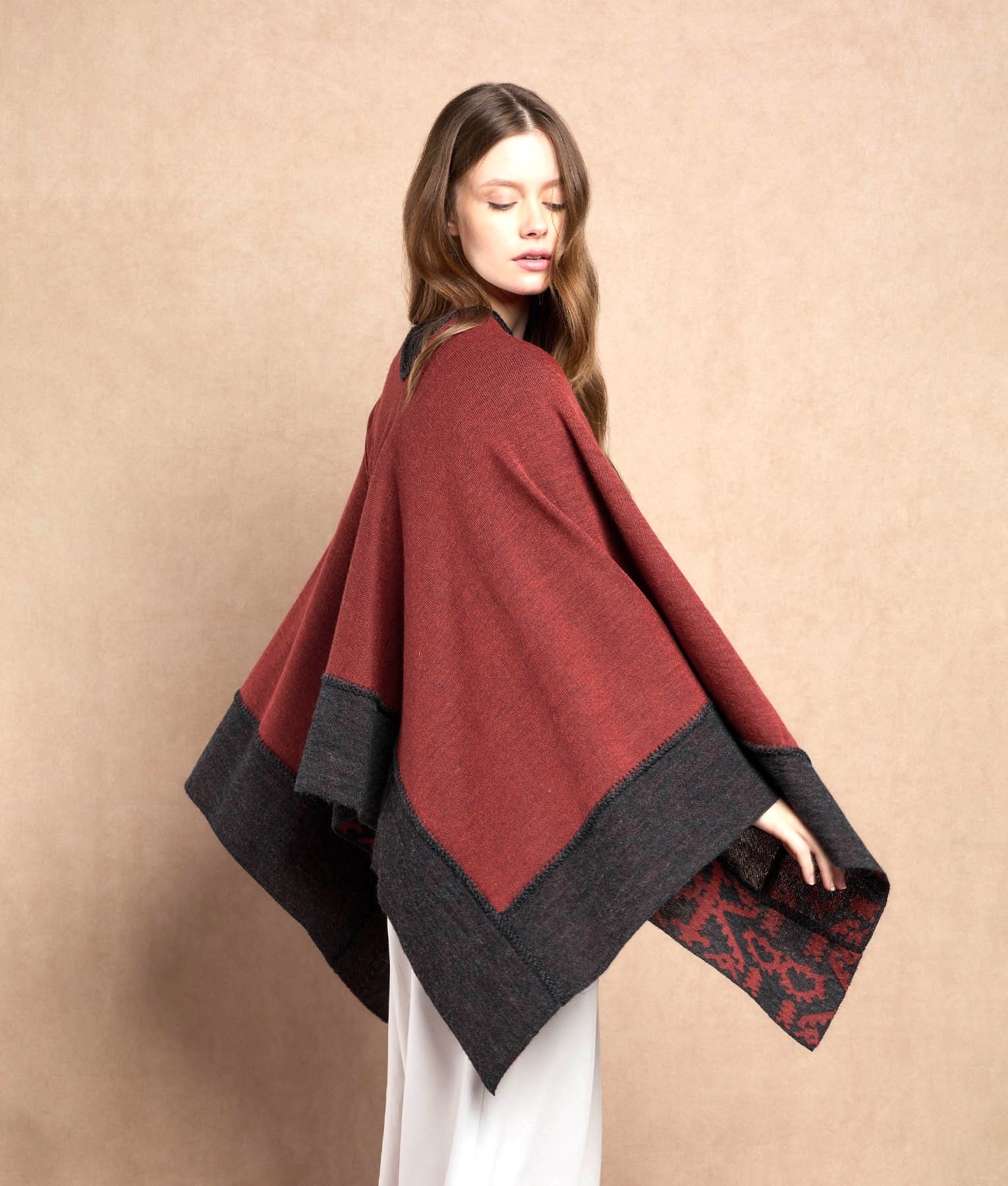 Double Face Trimmed Poncho - Charcoal & Red