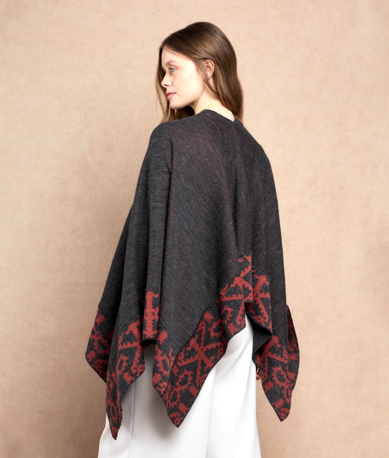 Double Face Trimmed Poncho - Charcoal & Red