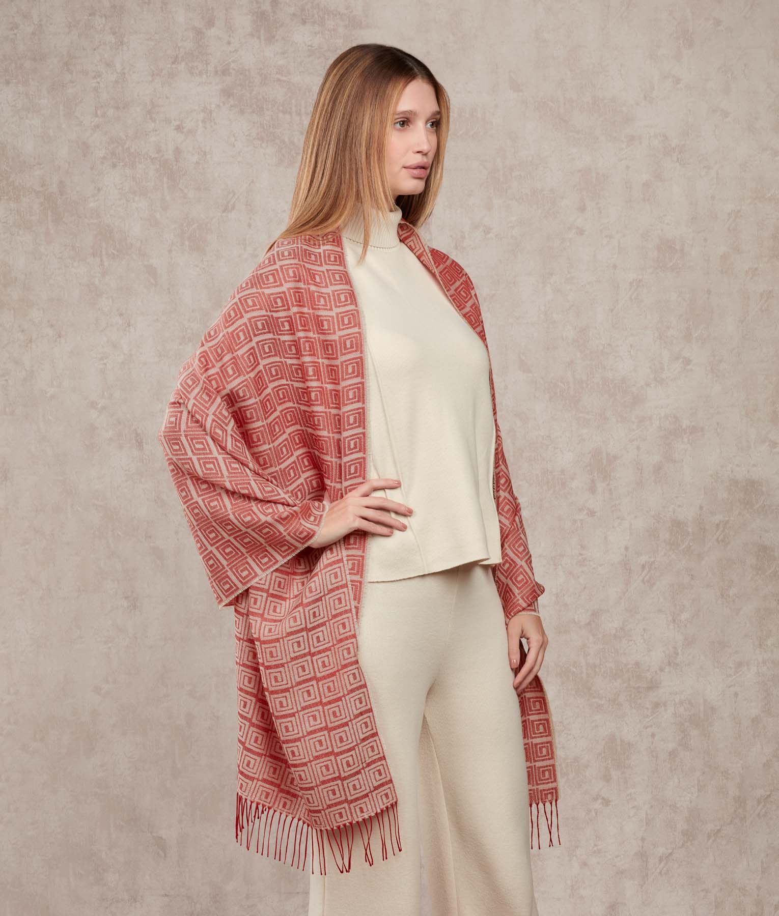 Sol - Shawl - Red and Natural White - Women's