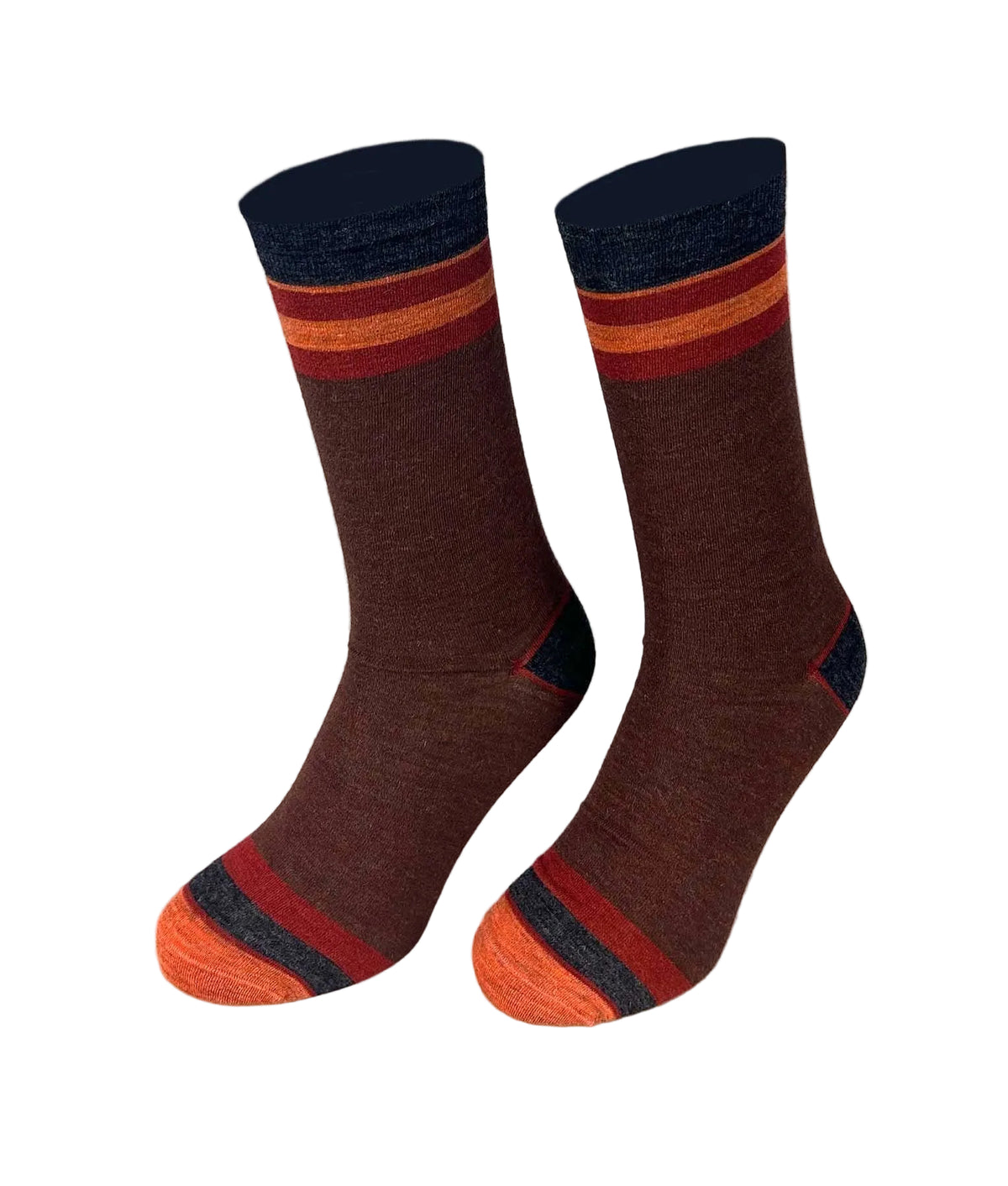 A pair of crew socks with a dark brown body, featuring orange and red stripes near the top cuff and toe, and a dark navy blue ribbed cuff and heel.