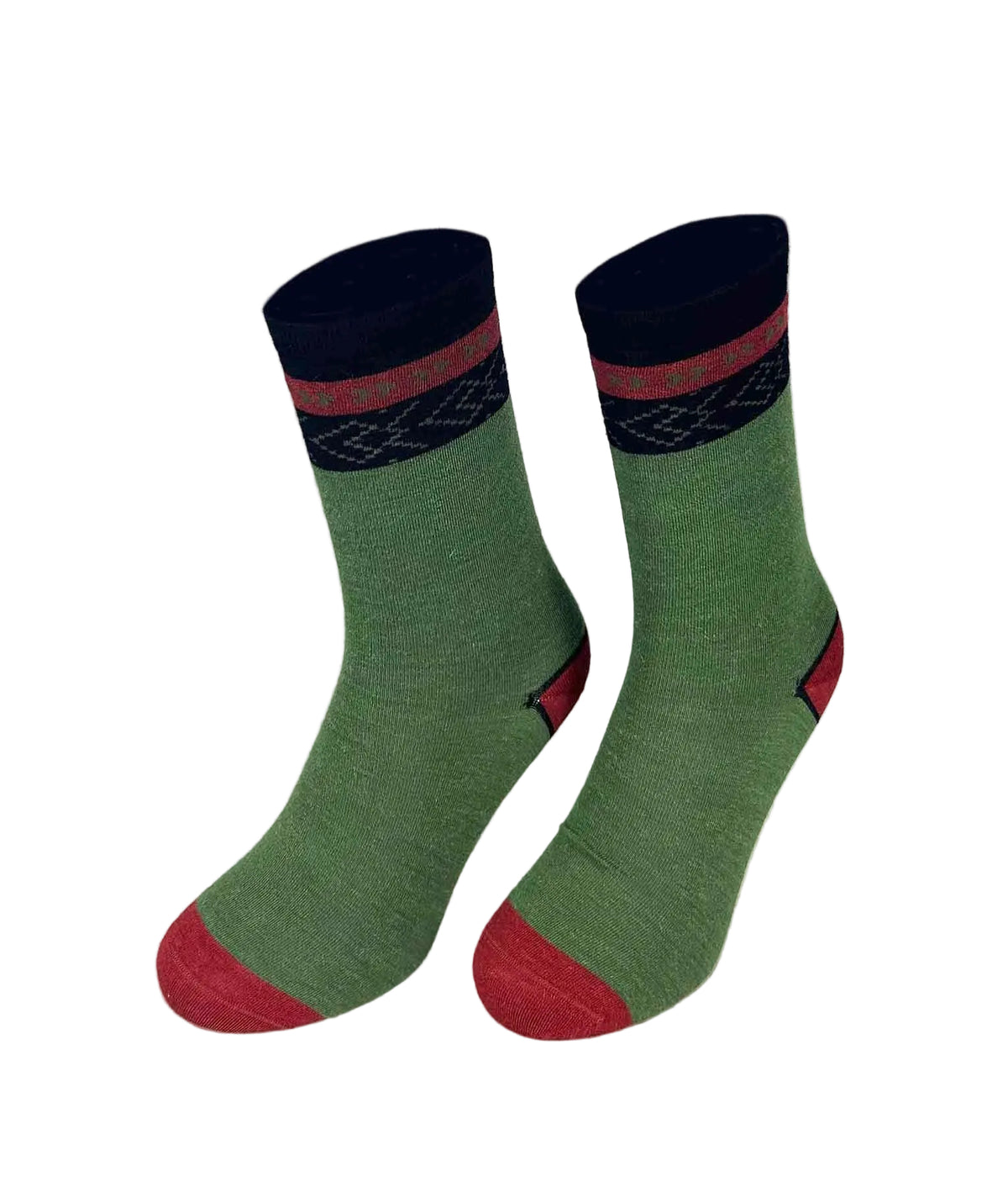 A pair of crew socks in olive green with red toes and heels, and a dark navy patterned cuff.