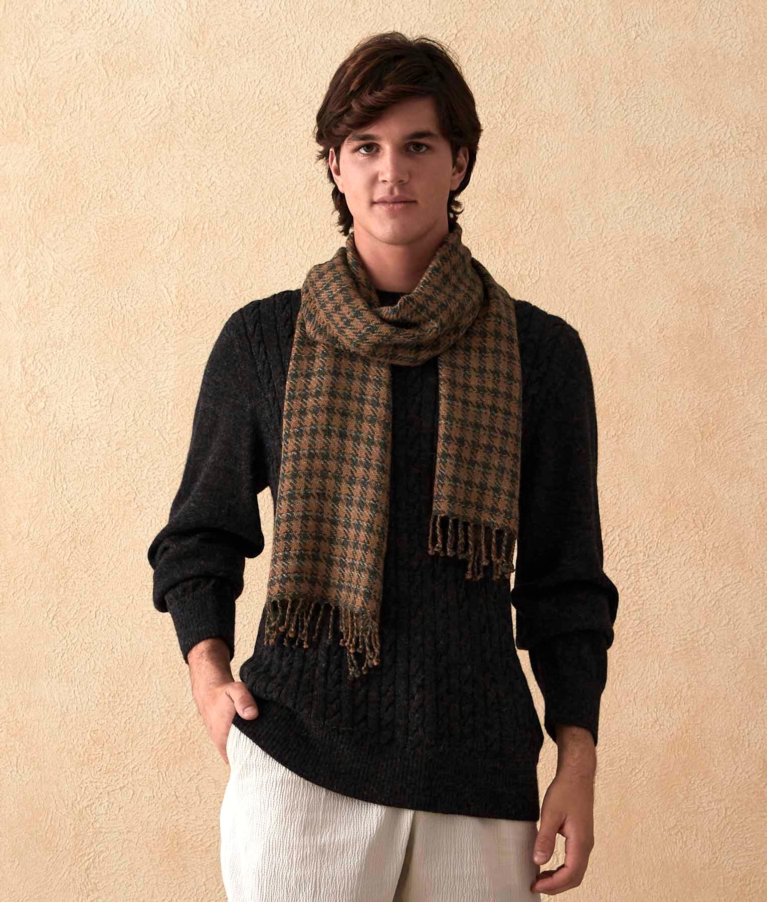 Striped Pied De Poule - Scarf - Grey and Mocha - Unisex