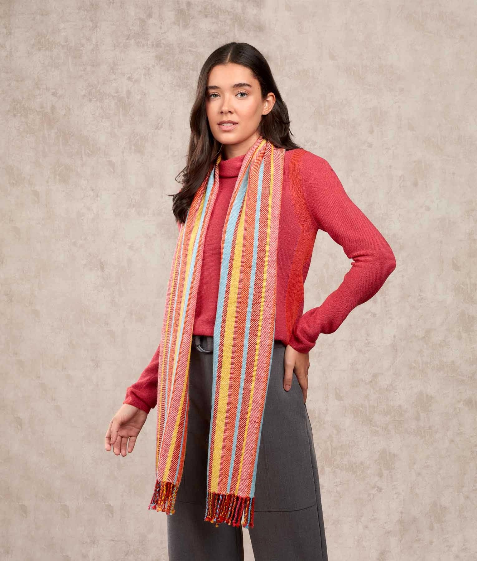 Herringbone Striped Scarf - Multicoloured Red - Unisex