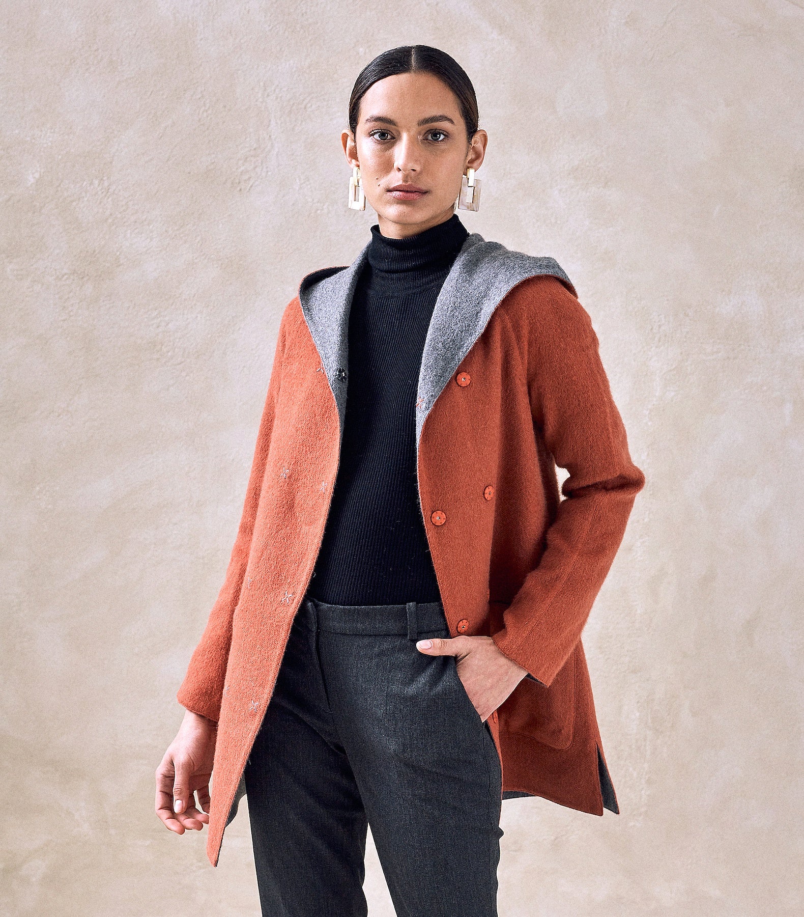 Reversible Hooded Coat - Brick & Grey - Women's