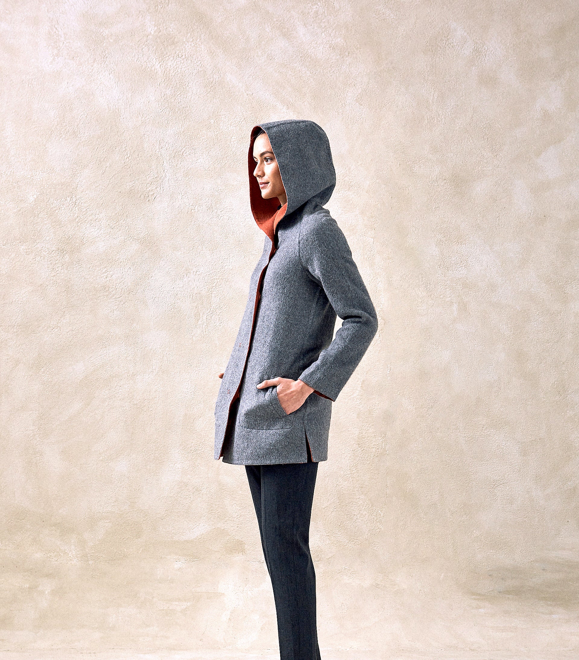 Reversible Hooded Coat - Brick & Grey - Women's