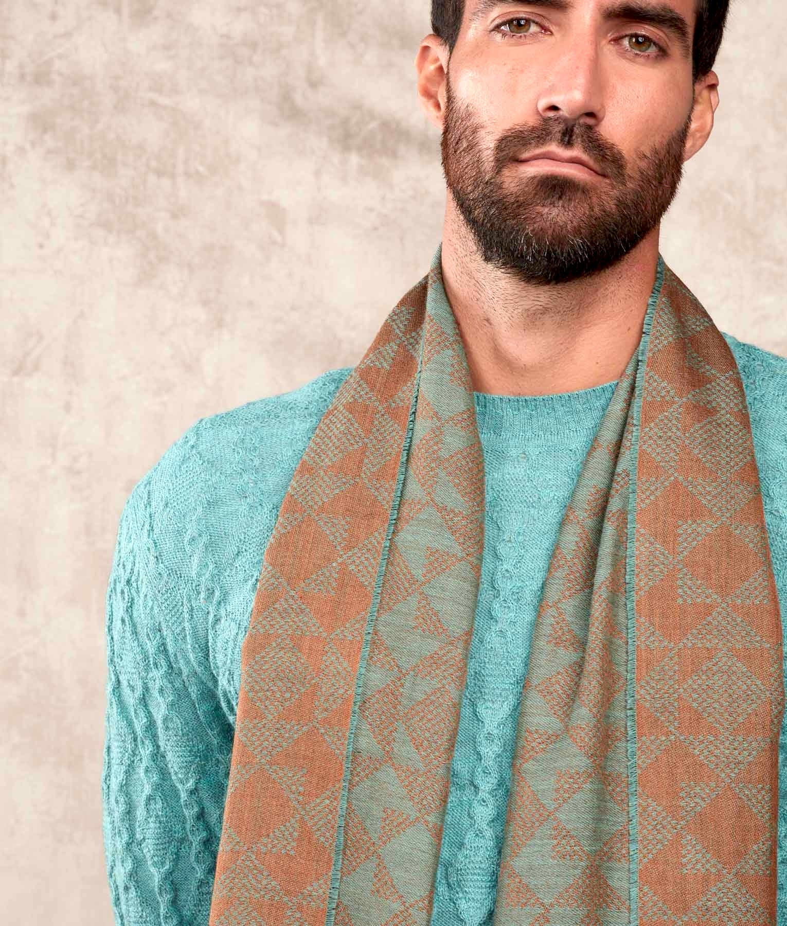 Bicolour Mosaic Pattern Jacquard - Scarf - Teal and Copper - Unisex