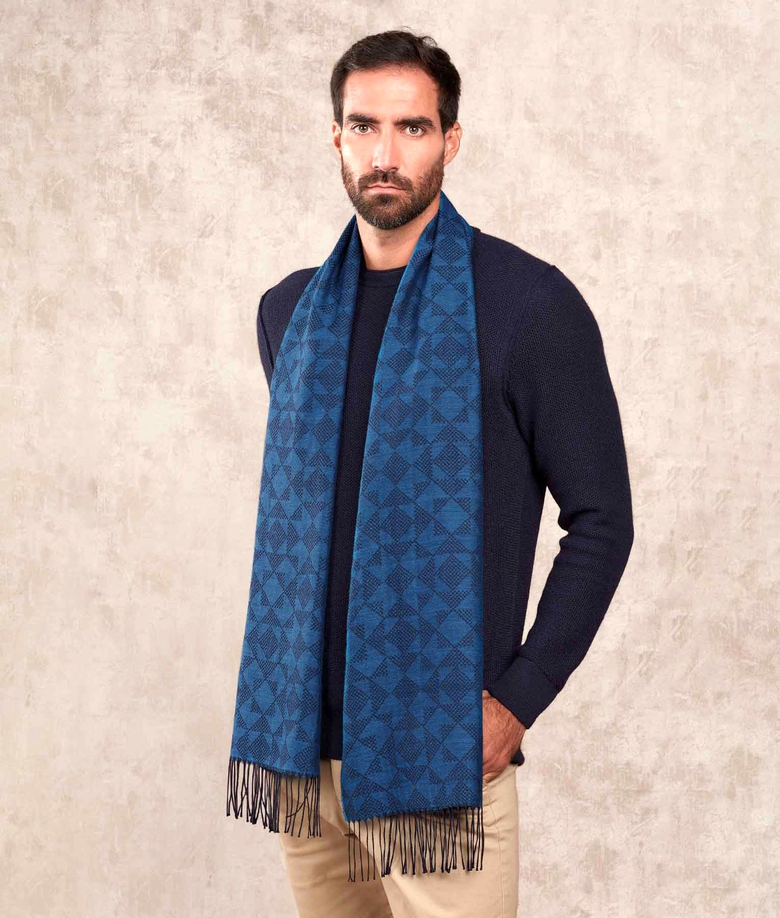 Bicolour Mosaic Pattern Jacquard - Scarf - Deep Blue - Unisex