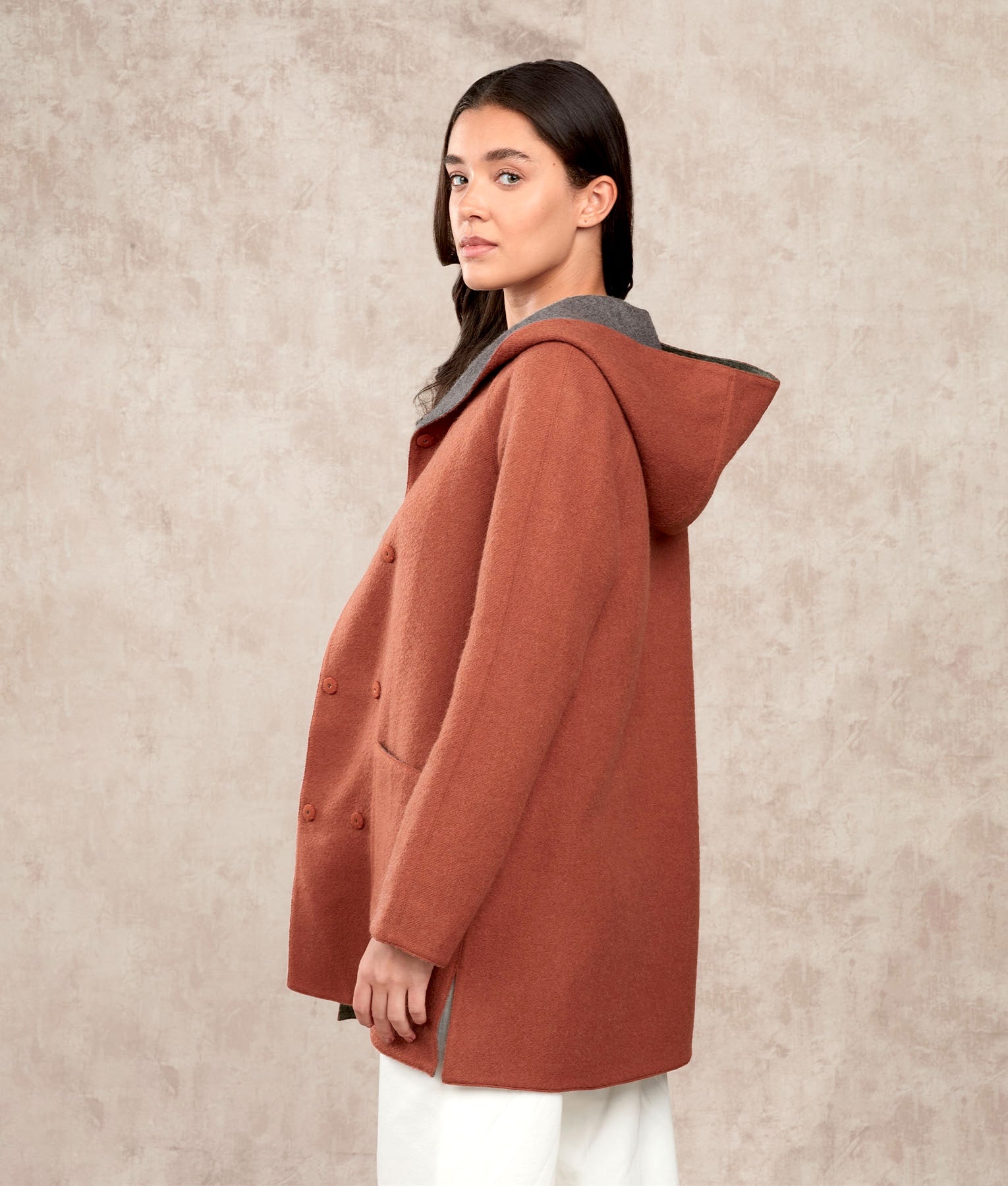 Reversible Hooded Alpaca Coat - Brick & Grey C001 - Women's