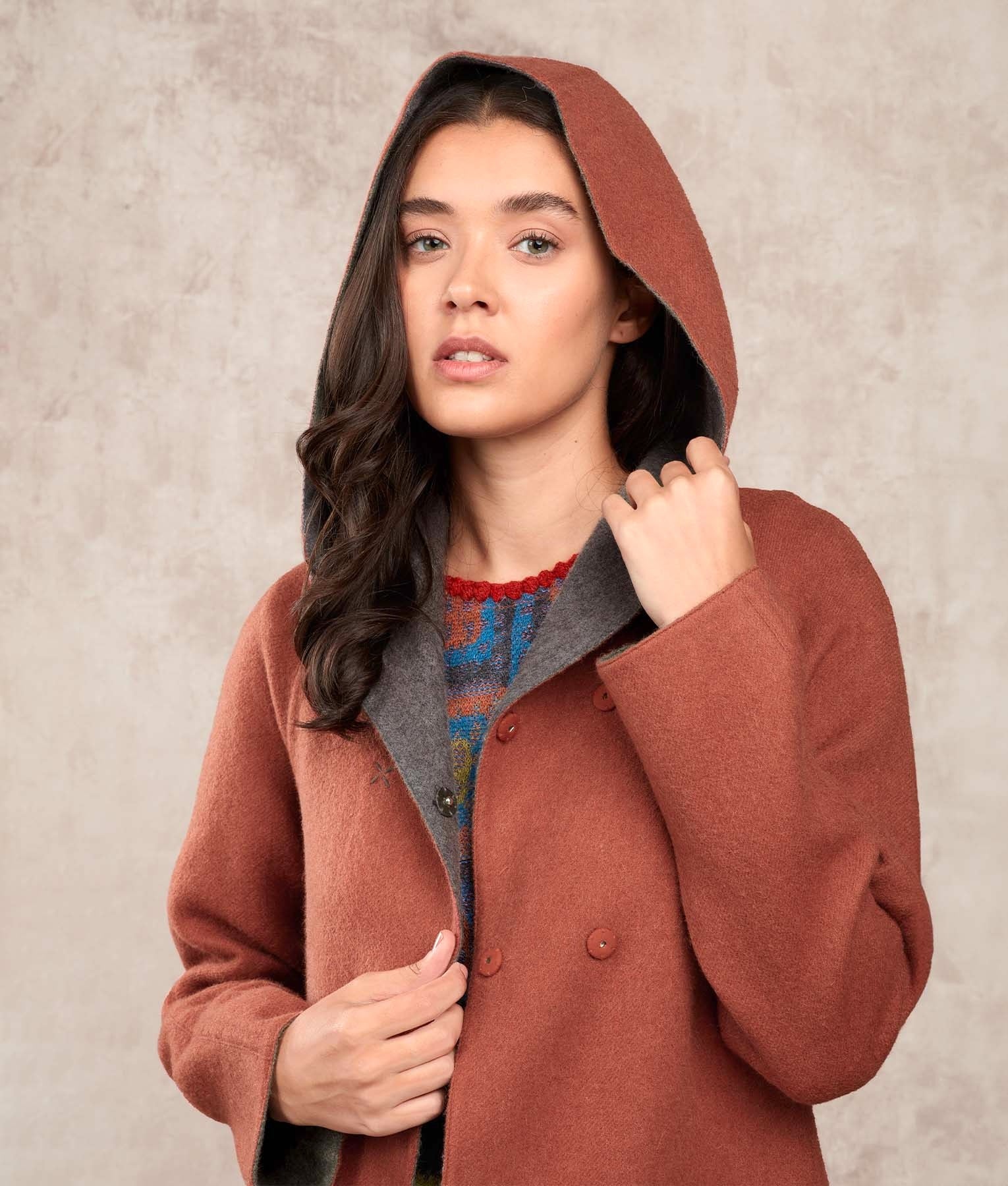 Reversible Hooded Alpaca Coat - Brick & Grey C001 - Women's