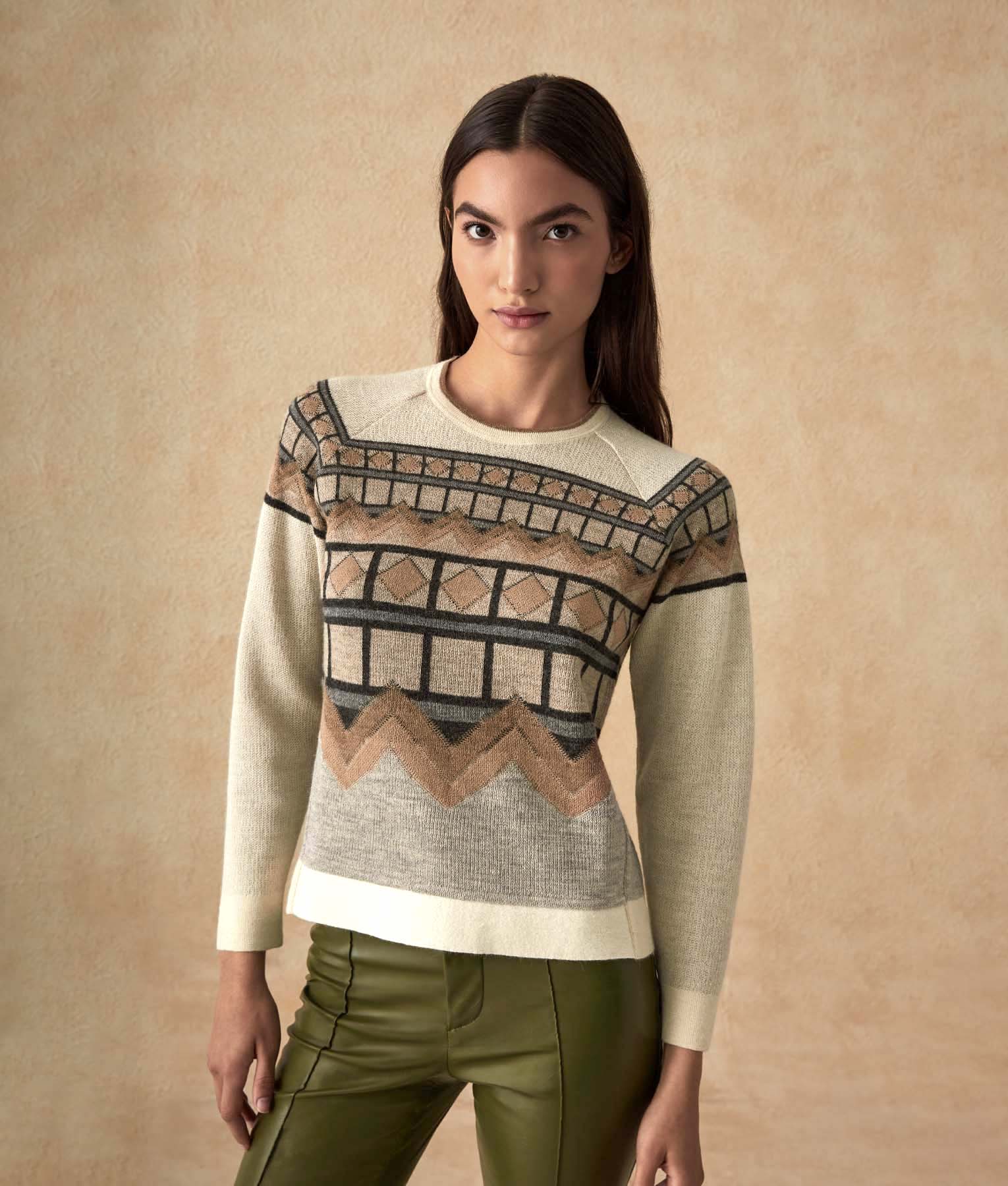 Jacquard O Neck Jumper With Boiled Wool Detail C007