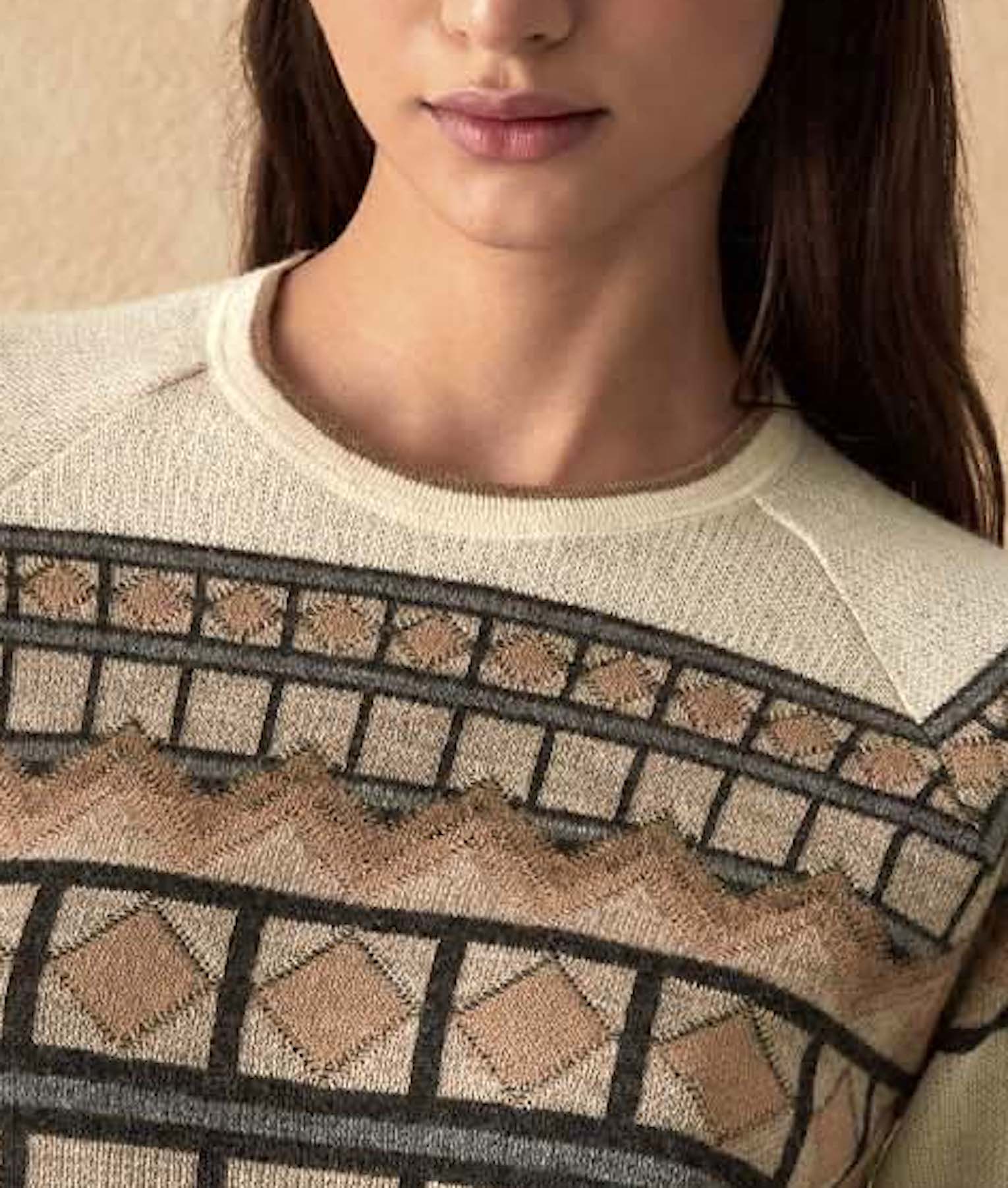 Jacquard O Neck Jumper With Boiled Wool Detail C007