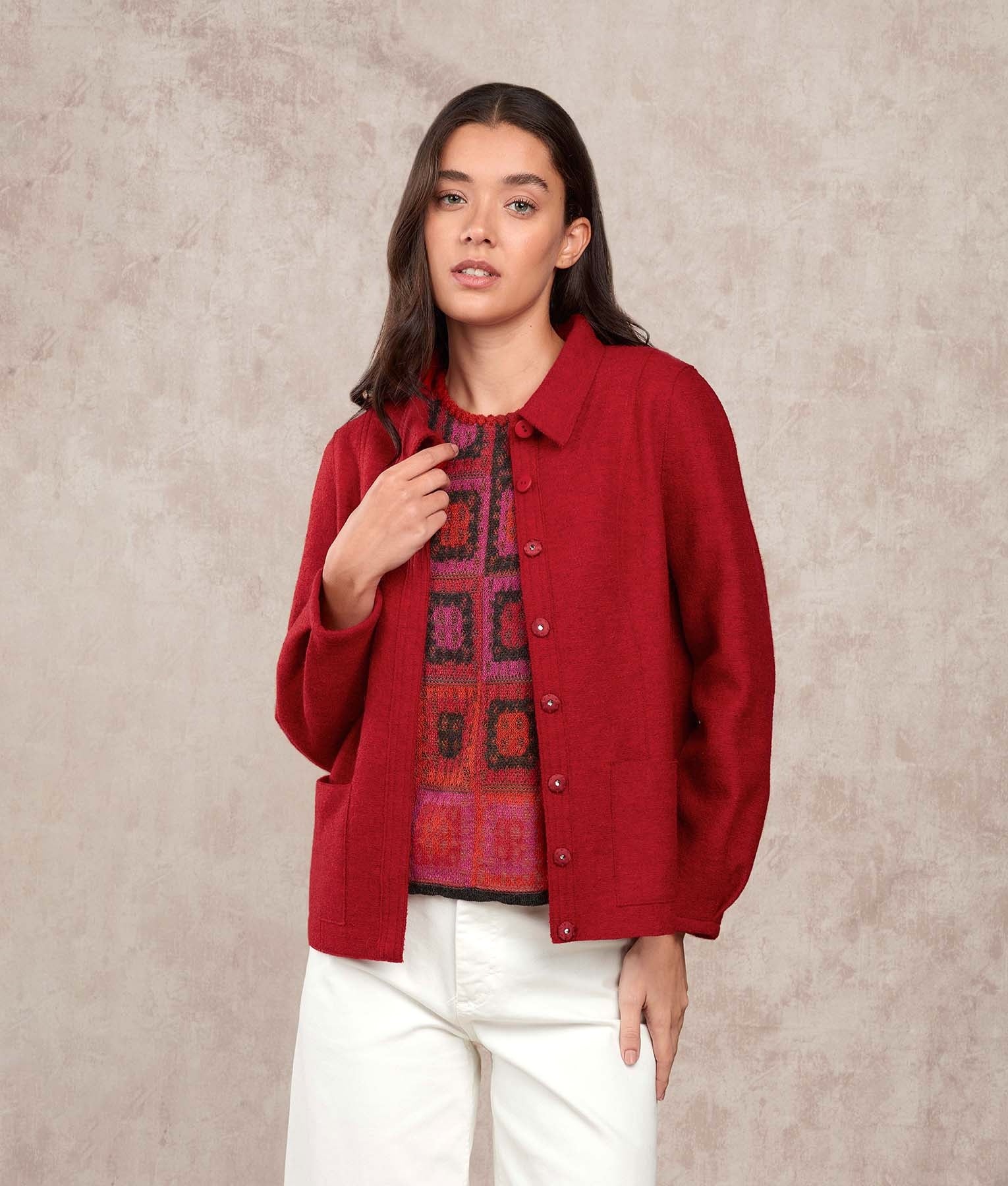 Shirt Boiled Wool Cardigan With Pockets - Heather Red M3998 - Women's