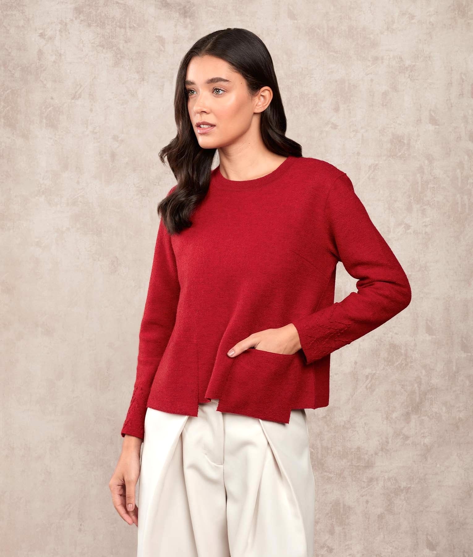 BW Crew Neck Tunic with Pockets - Red M3998 - Women's