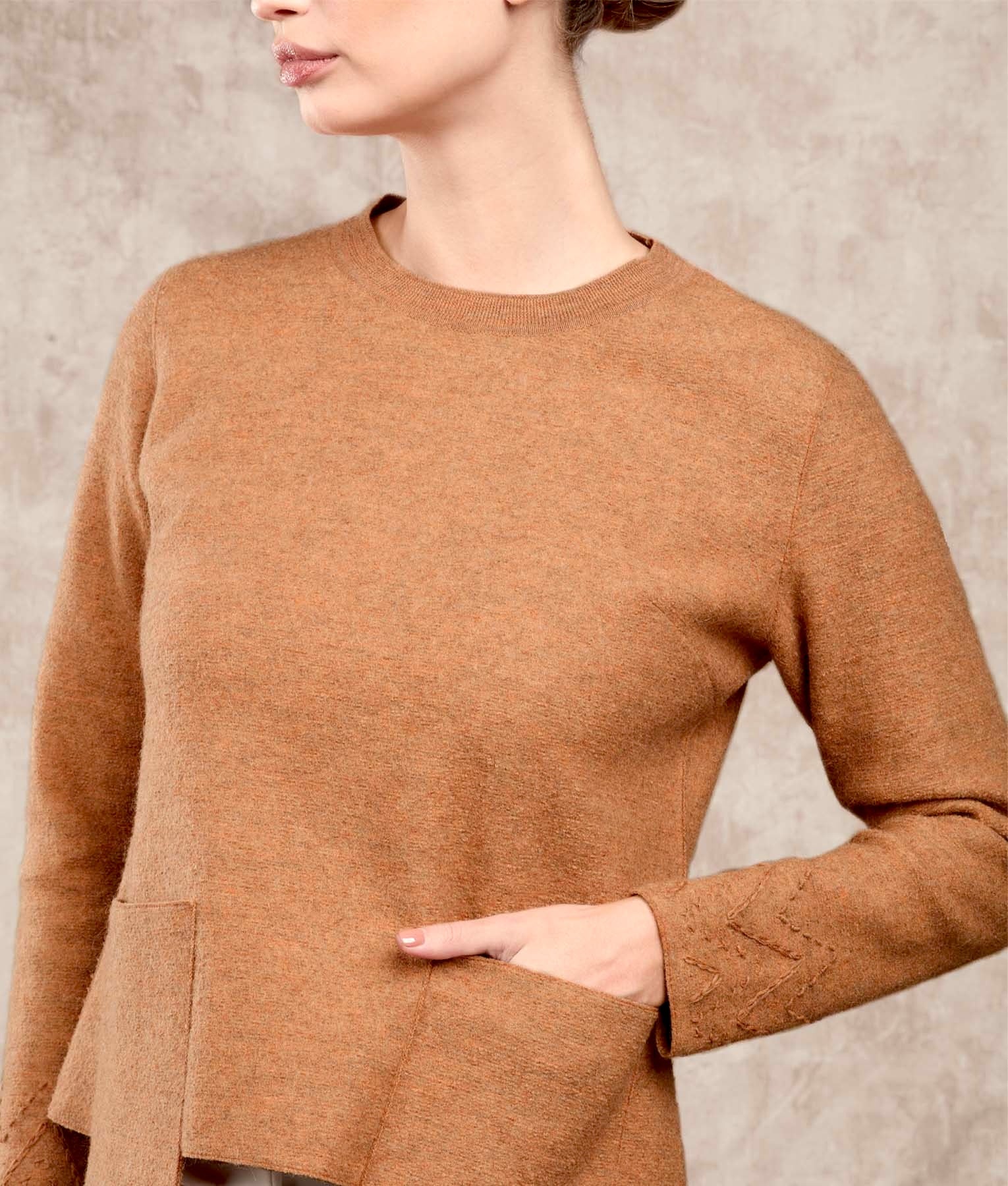 BW Crew Neck Tunic with Pockets - Camel M6224 - Women's