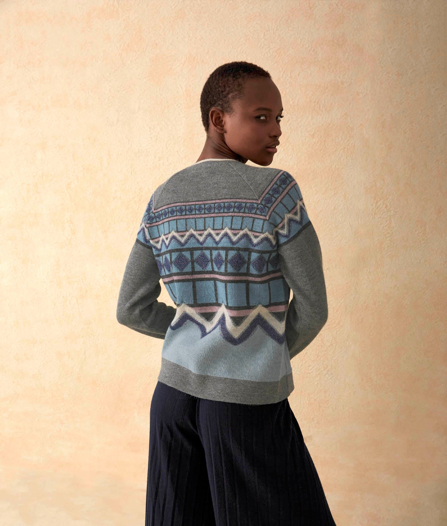 Jacquard O Neck Jumper With Boiled Wool Detail C006