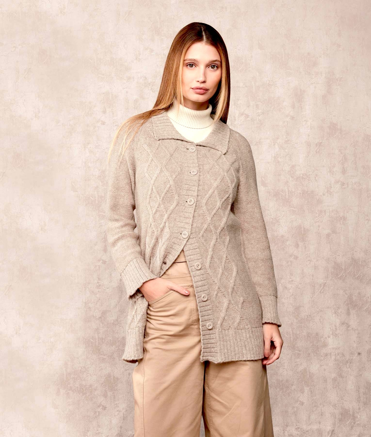 Long Line Cables Alpaca Cardigan - Beige C001 - Women's