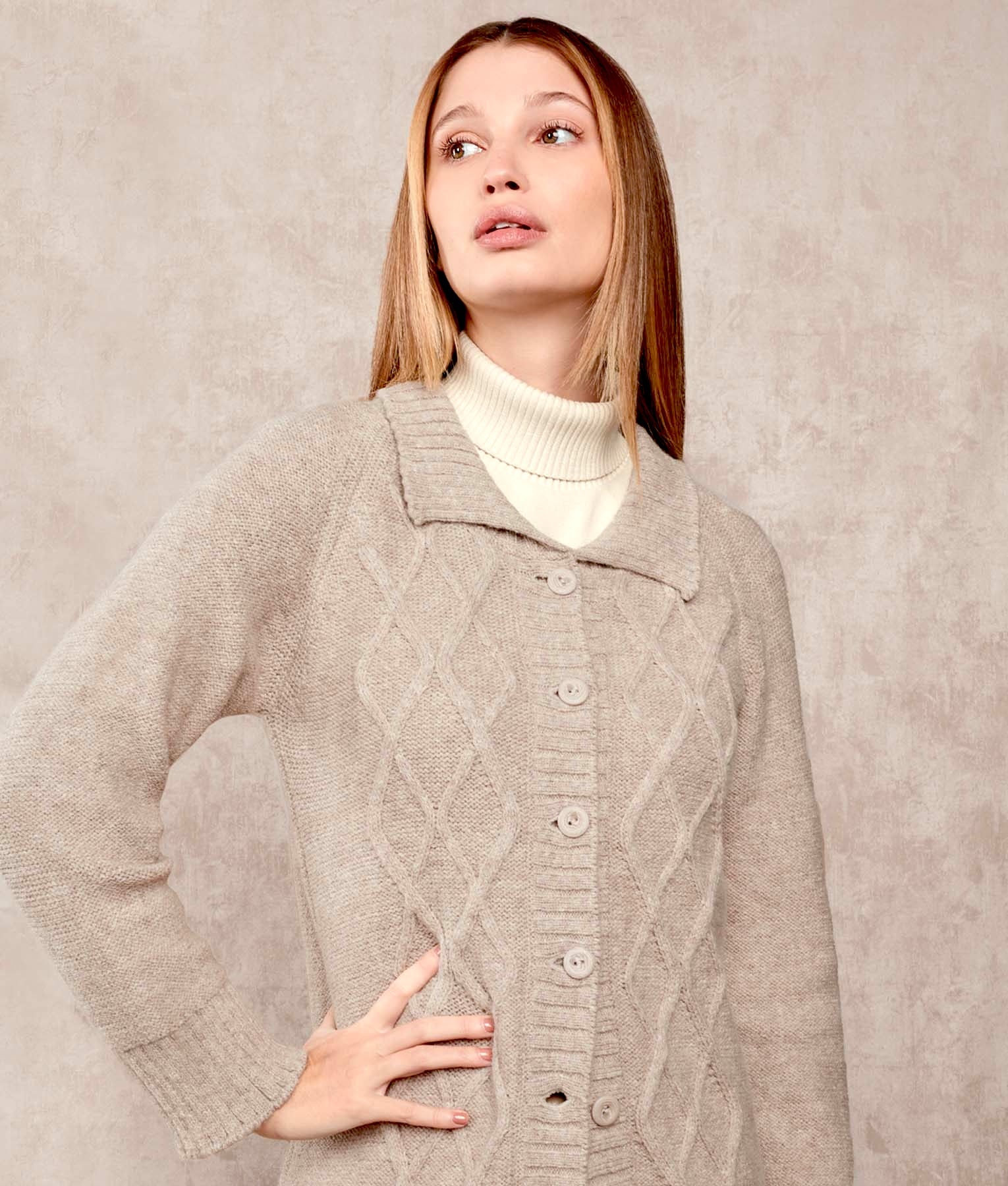 Long Line Cables Alpaca Cardigan - Beige C001 - Women's