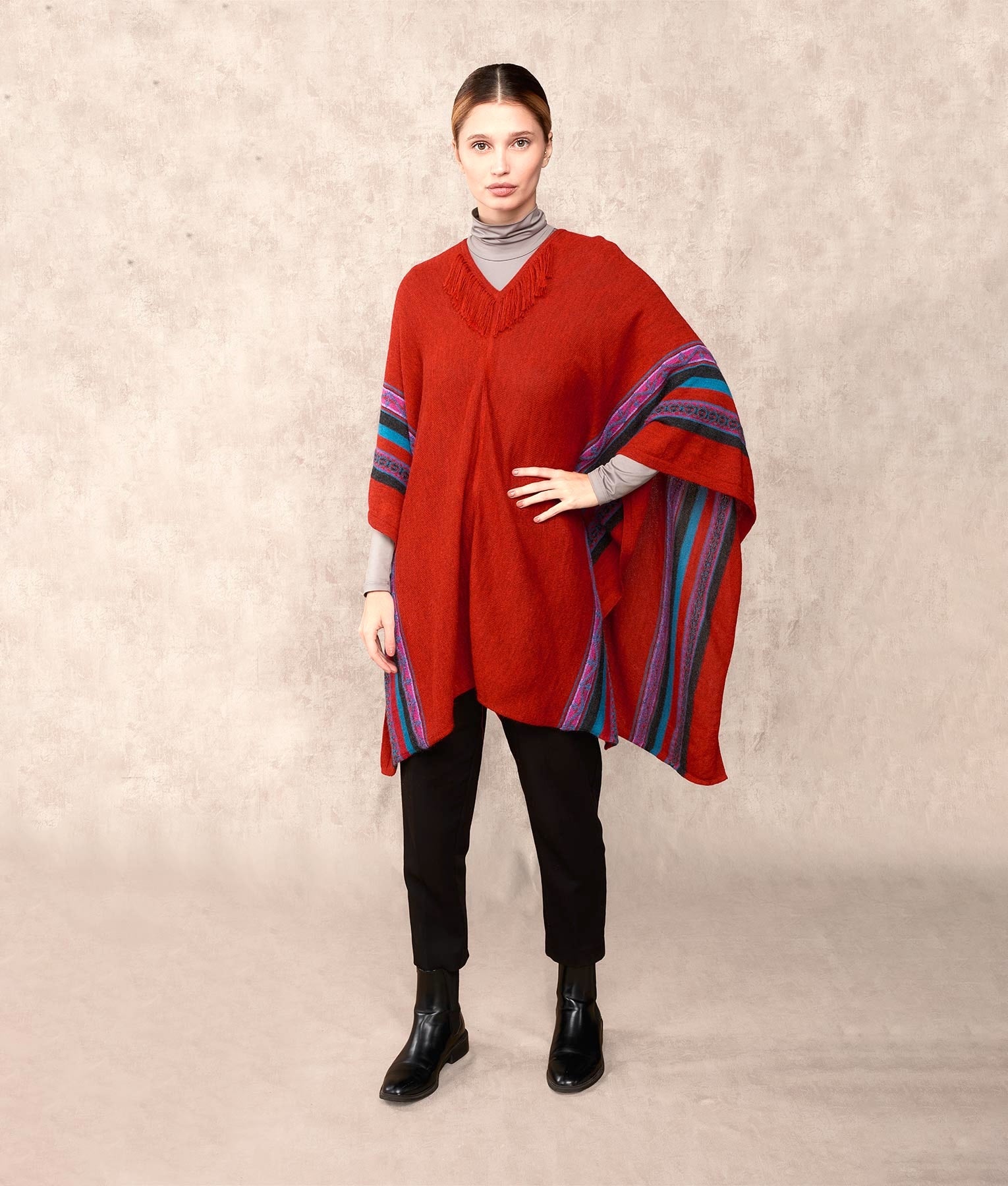 Poncho Rider With Fringe - Red C004 - Women's