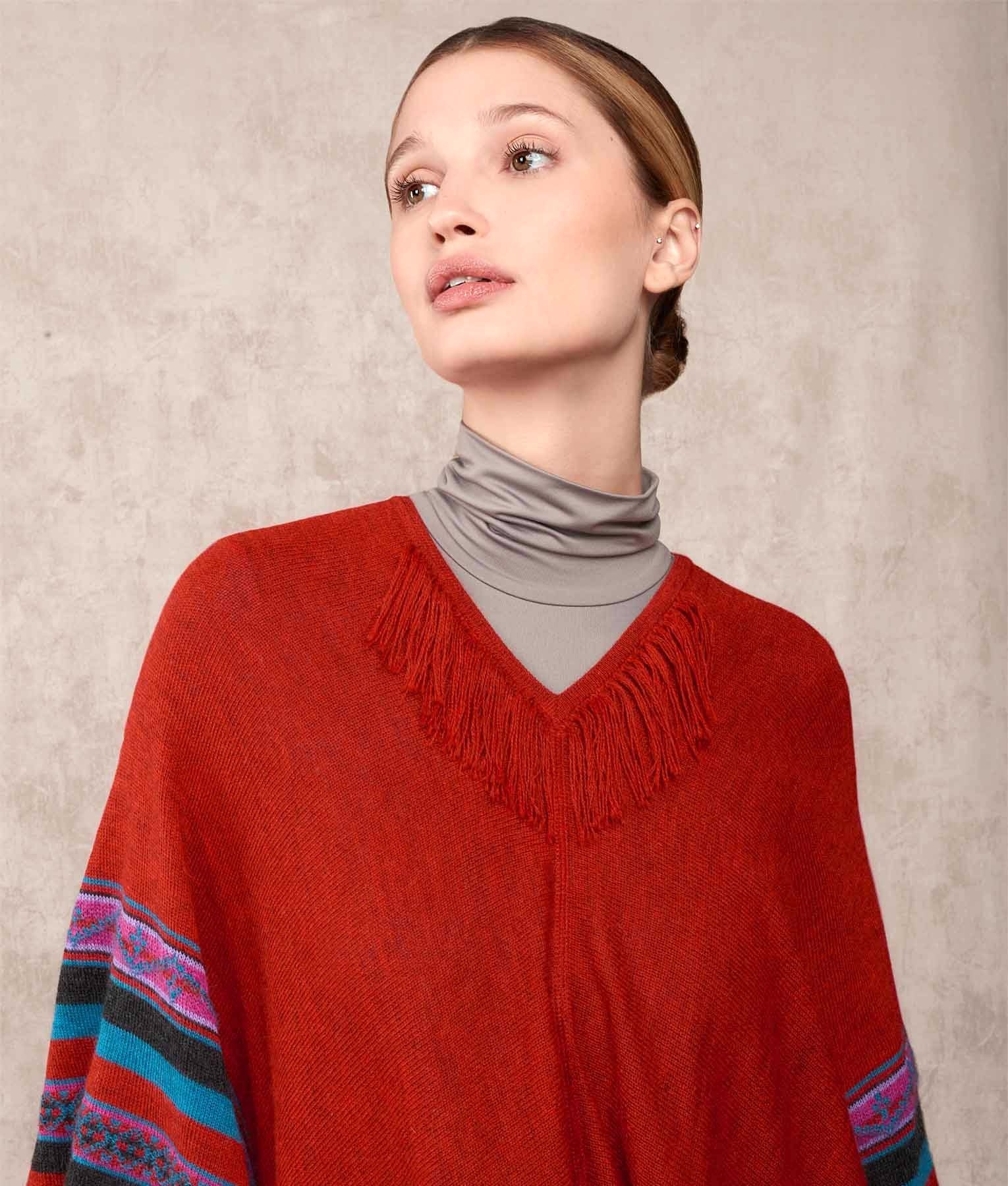 Poncho Rider With Fringe - Red C004 - Women's