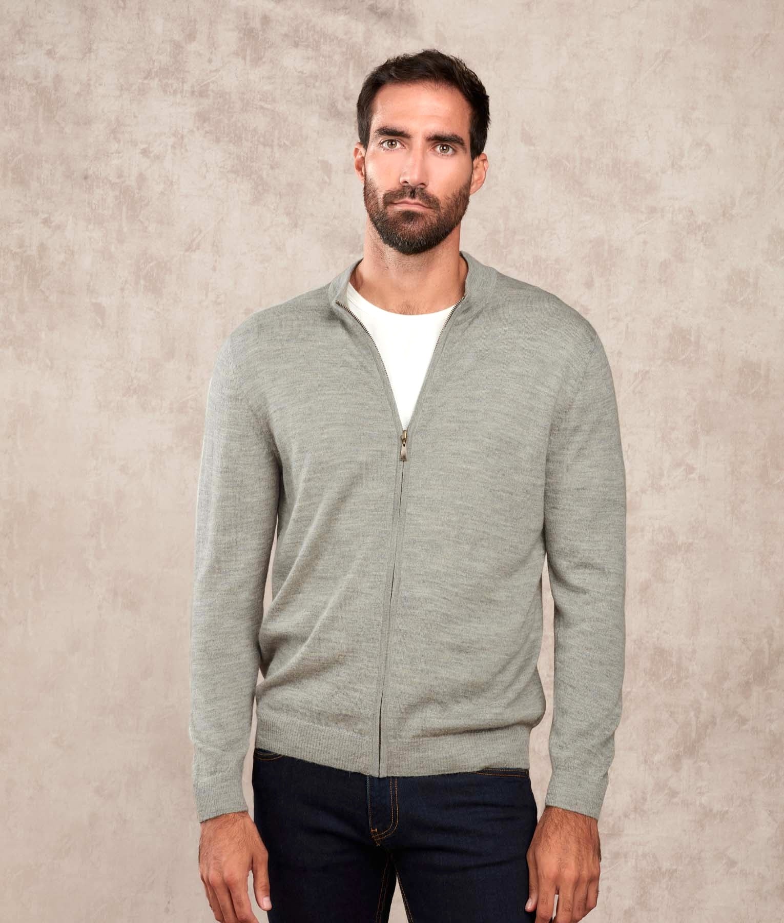 Jersey Mock Neck Super Baby Alpaca - Cardigan - Light Grey - Men's